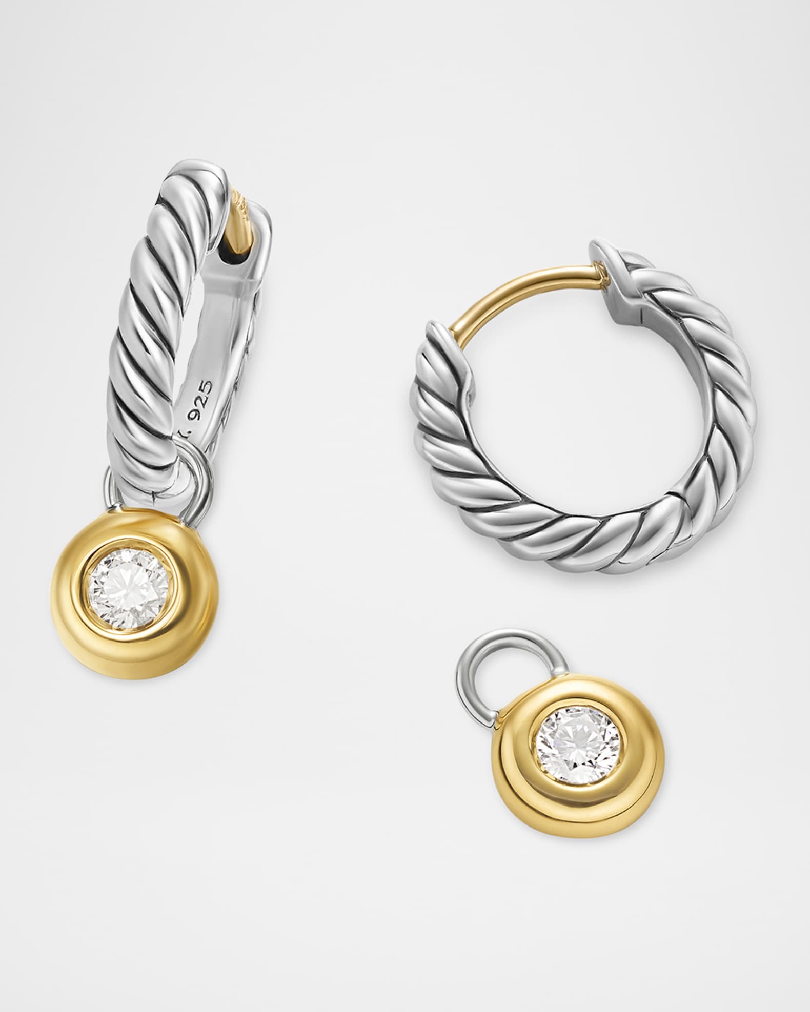 Petite Modern Cable Huggie Drop Earrings with Diamonds in Silver with 18K Gold 1
