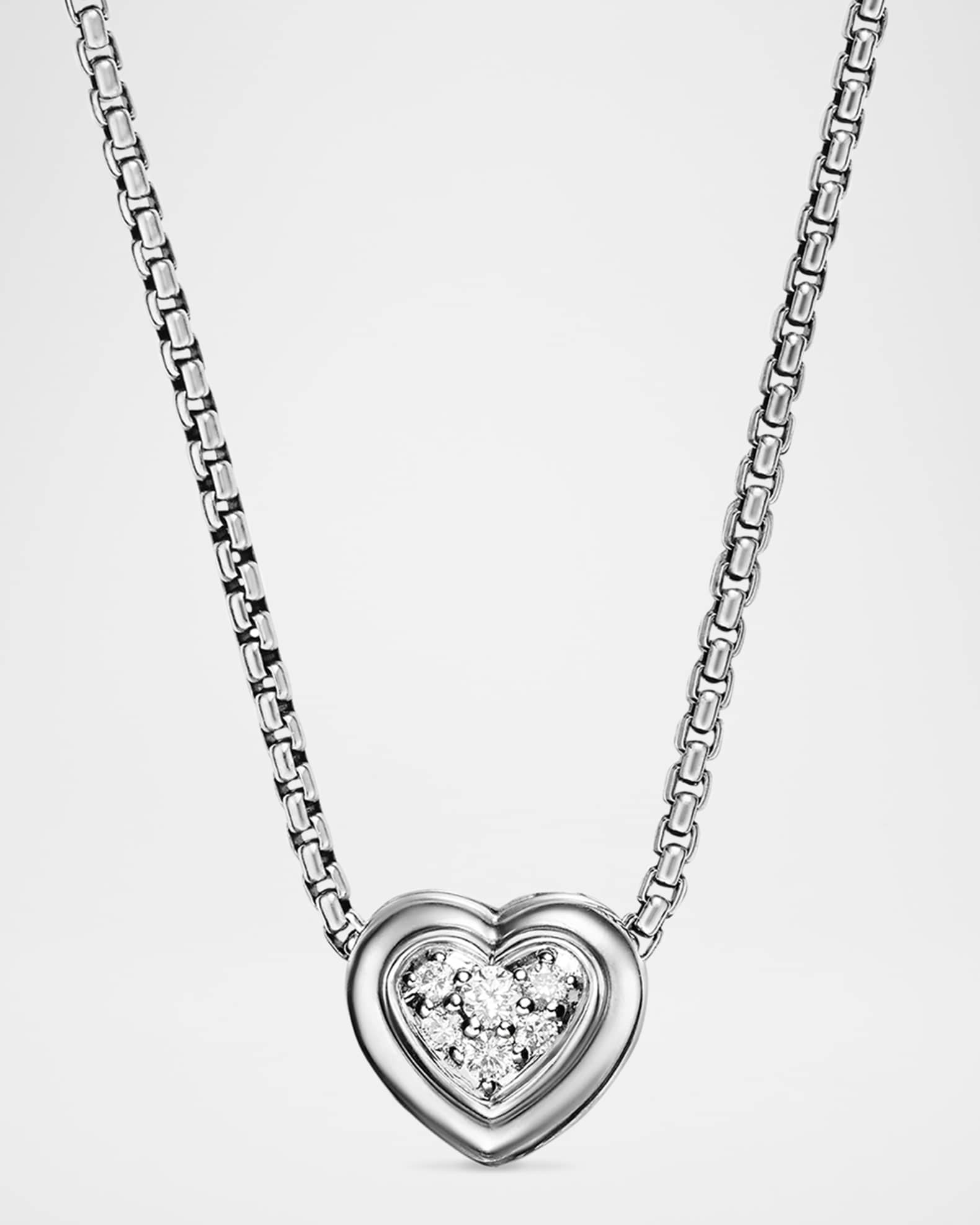 Puffy Heart Pendant Necklace in Silver with Diamonds, 8mm, 18"L 0