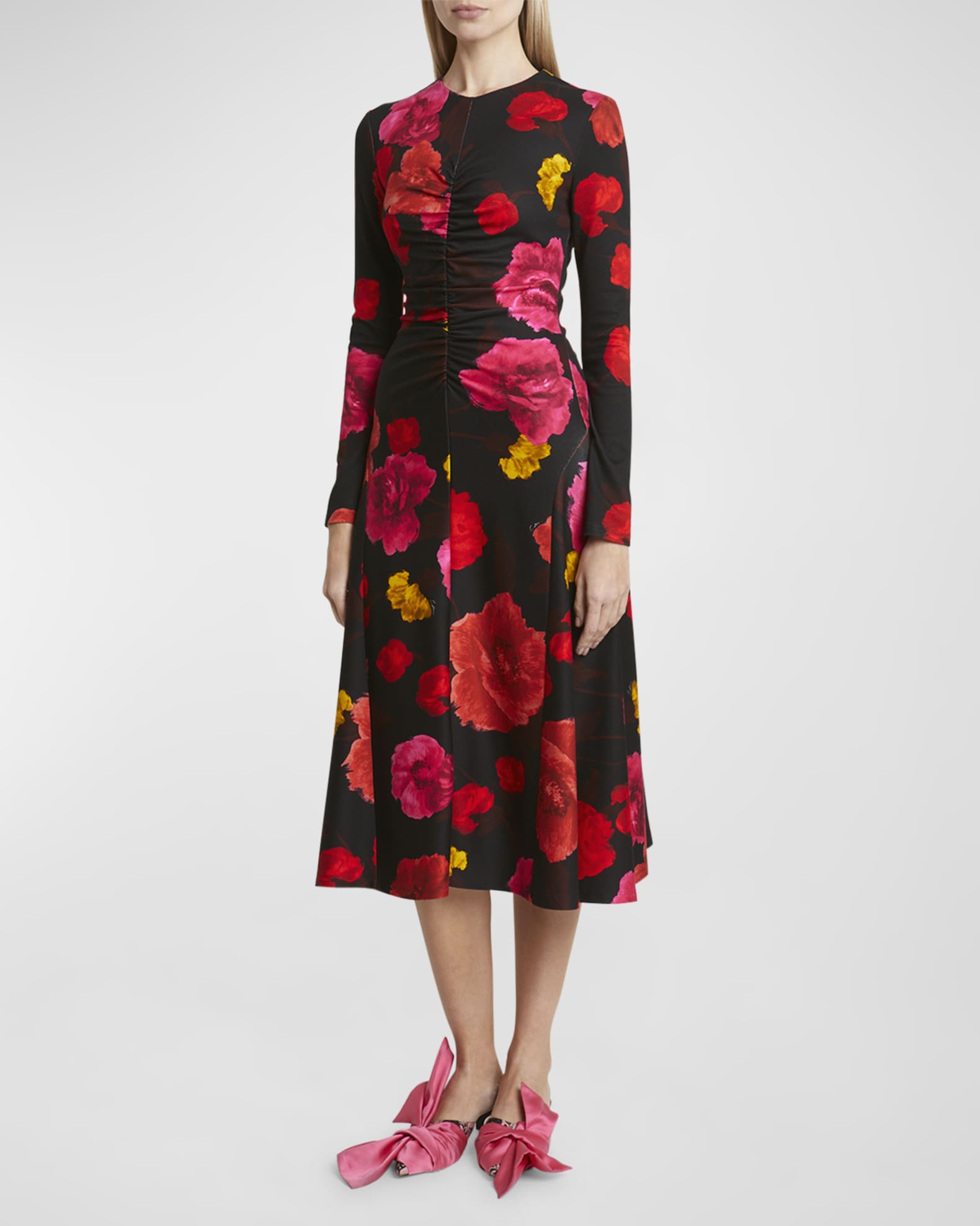 Erdem Ruched Floral Long-Sleeve Midi Dress | Neiman Marcus