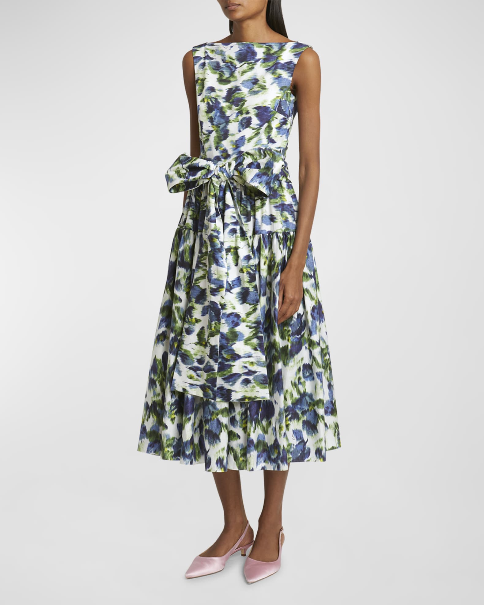 Floral Abstract Print Bow Midi Dress