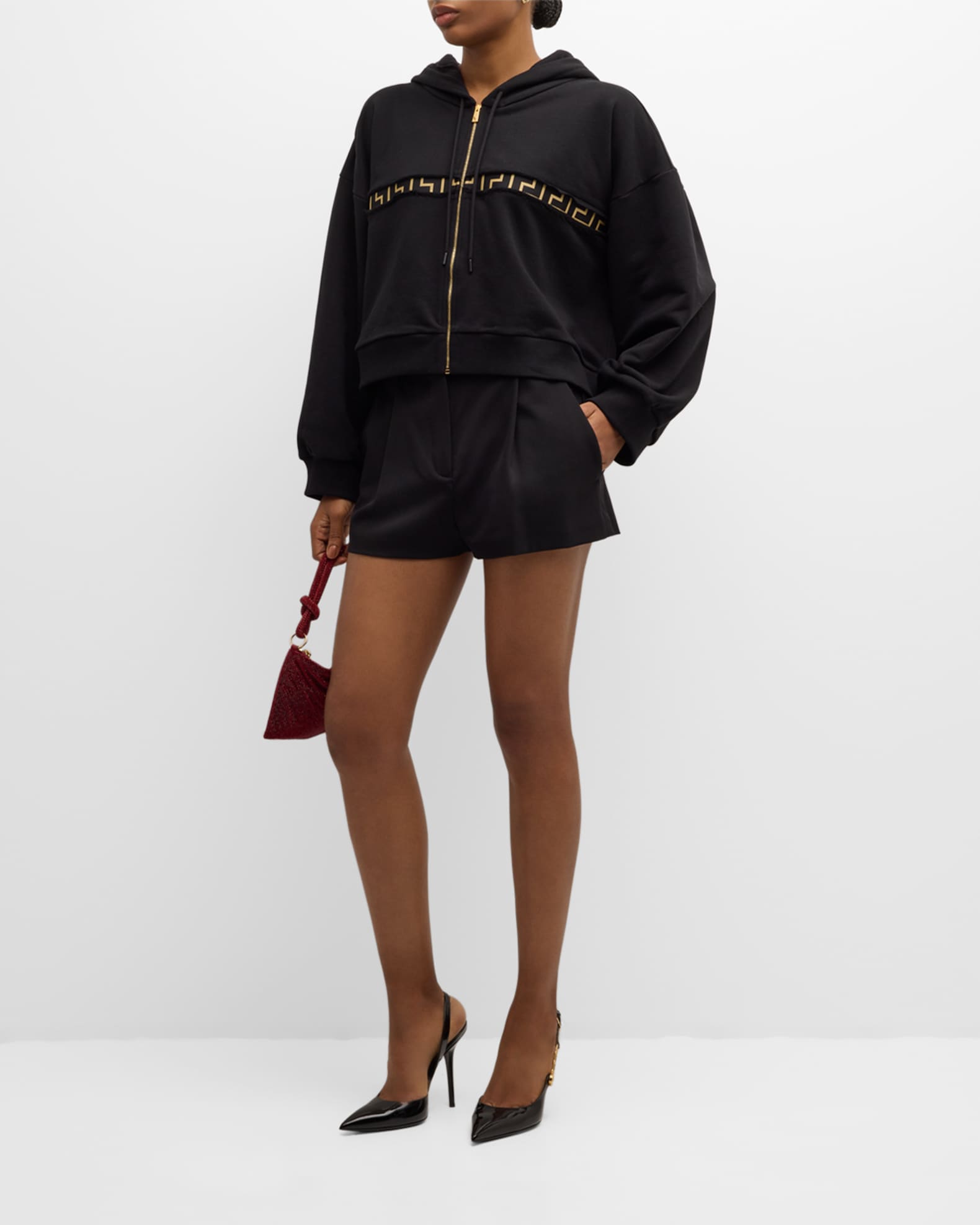 Versace Greca Cropped Zip Up Hoodie Neiman Marcus
