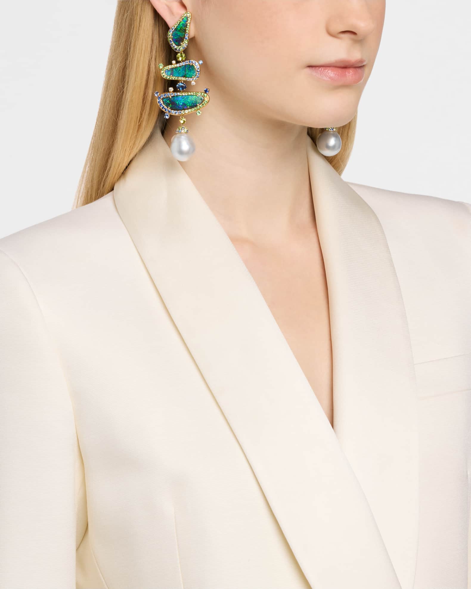 18K Yellow Gold Totem Earrings with Australian Opals and South Sea Pearls 1