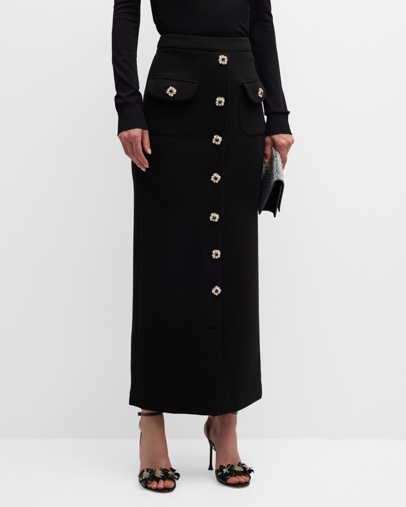 Adam Lippes Dakota Wool Crepe Pencil Skirt with Crystal Buttons ...