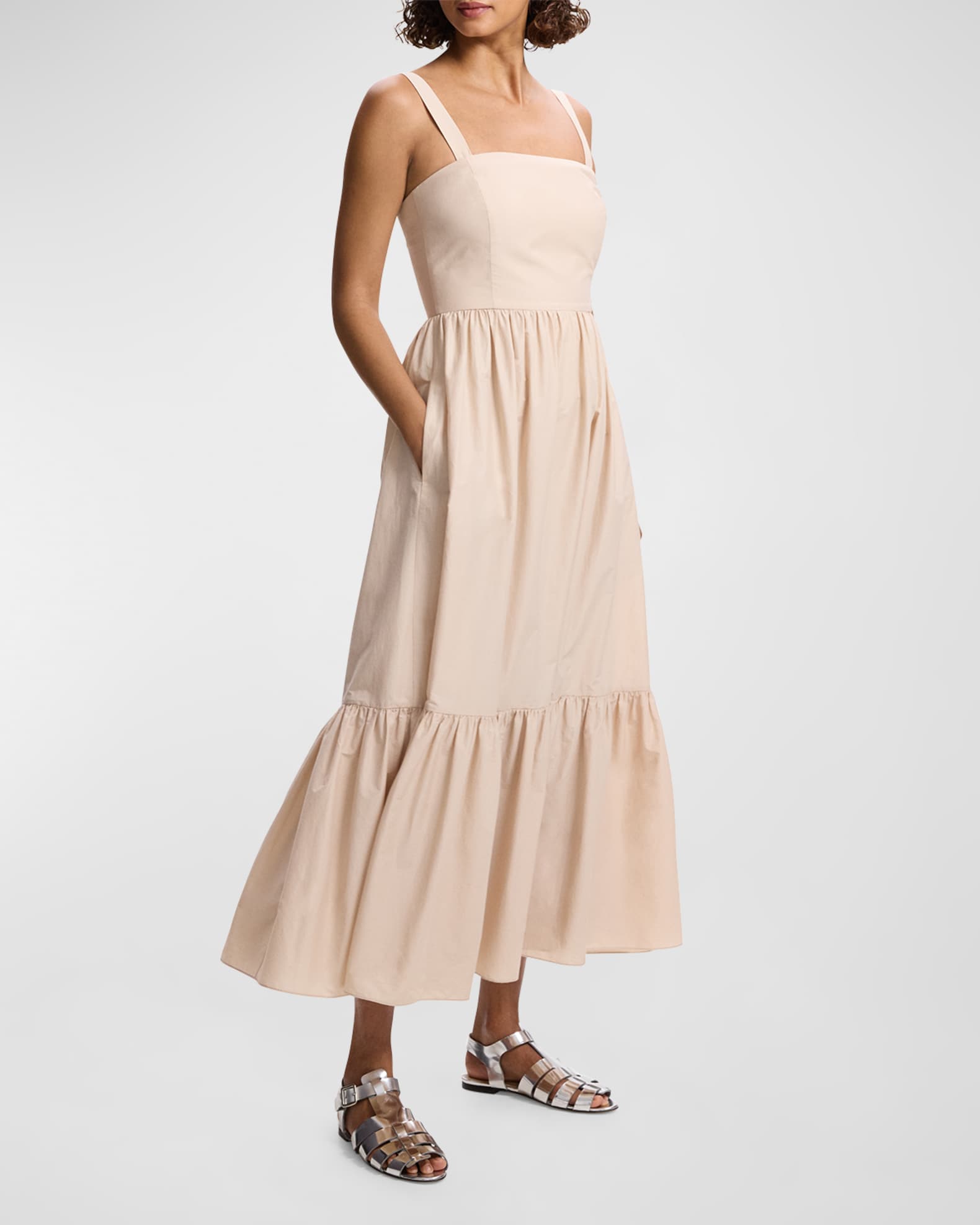 Theory Sleeveless Square-Neck Tiered Poplin Midi Dress | Neiman Marcus
