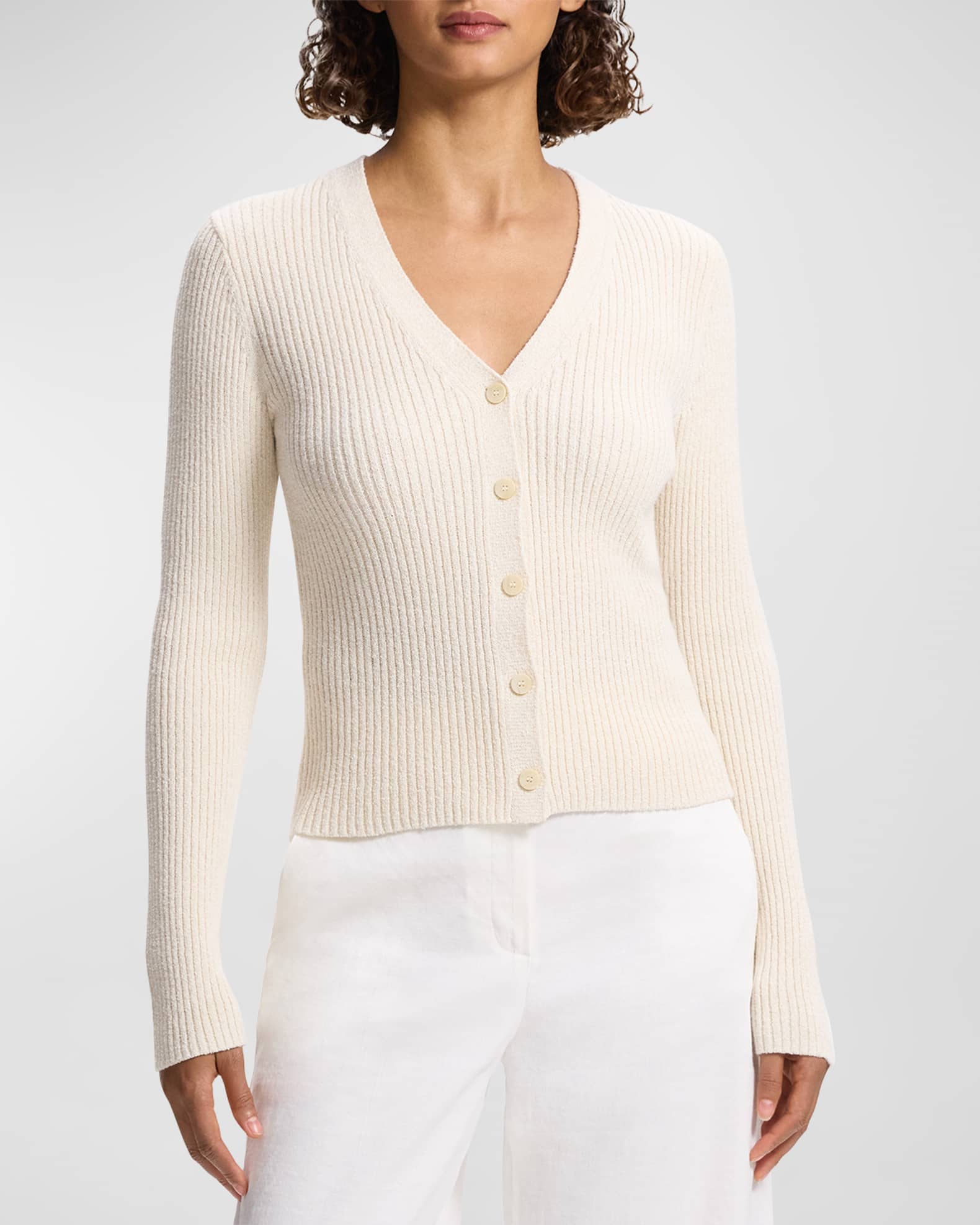Textured Cotton Rib Fitted V Neck Cardigan