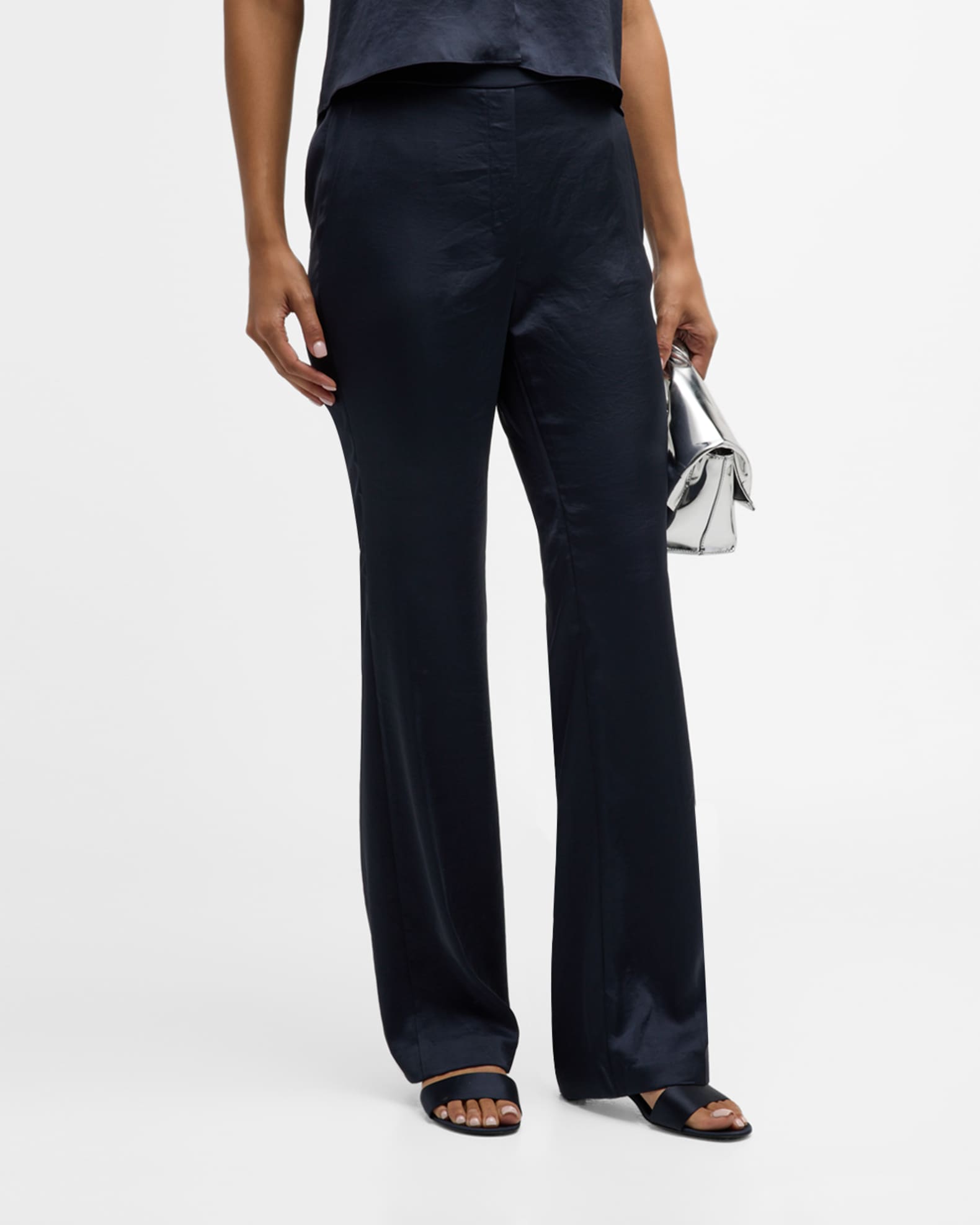 Crushed Satin Wide Leg Pull-On Pants With Drawstring