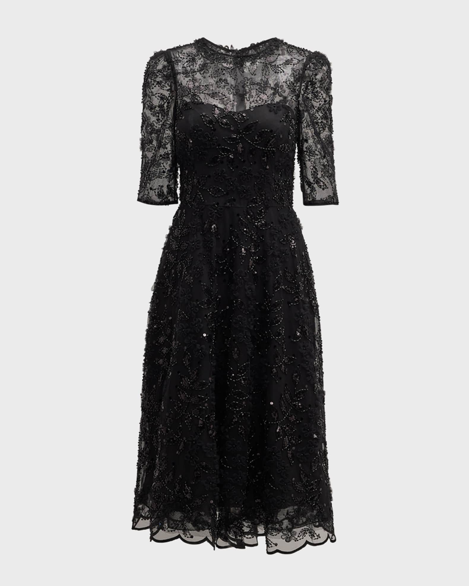 Rickie Freeman for Teri Jon Beaded Floral Tulle Midi Dress Black