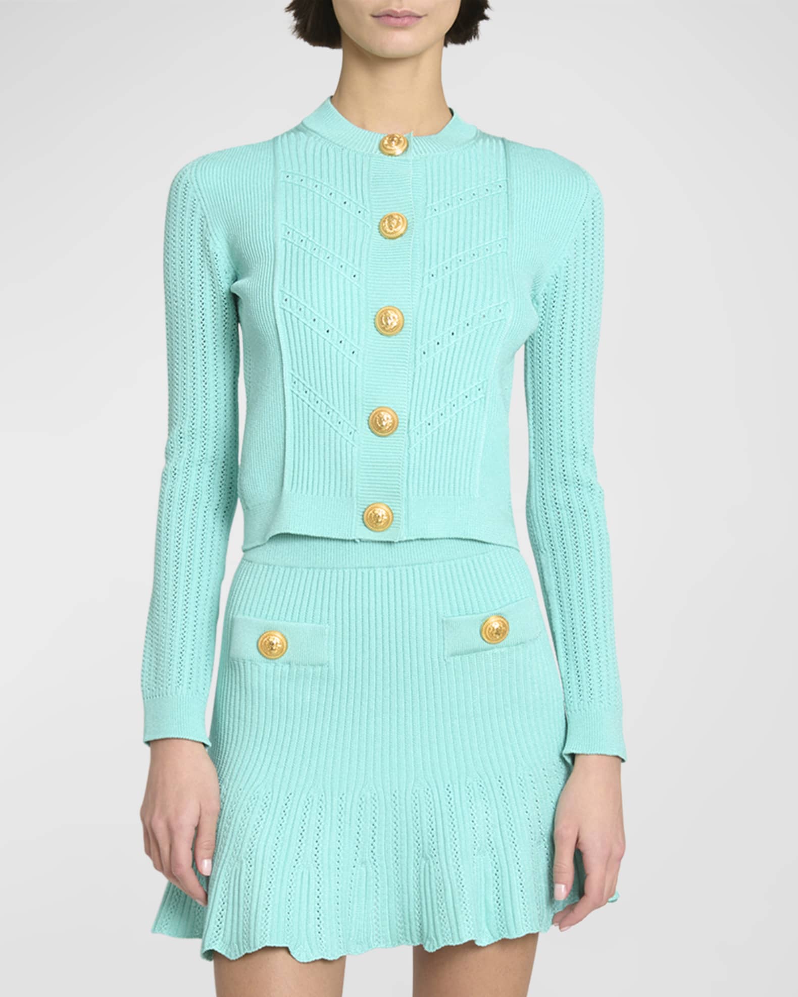 Balmain Buttoned Pointelle Rib Knit Short Cardigan Neiman Marcus