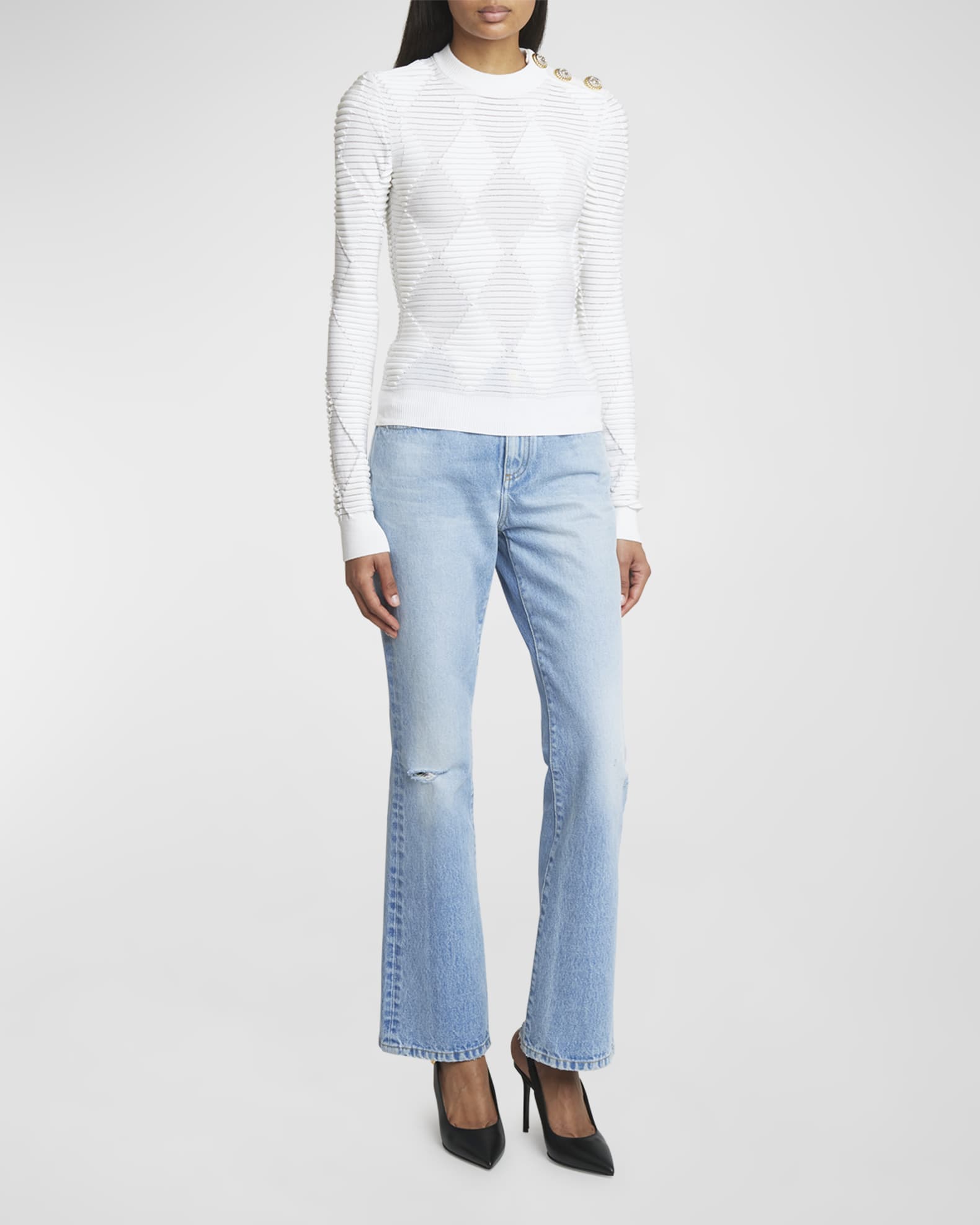 Balmain Long Sleeve Three Button Diamond Textured Knit Top Neiman Marcus