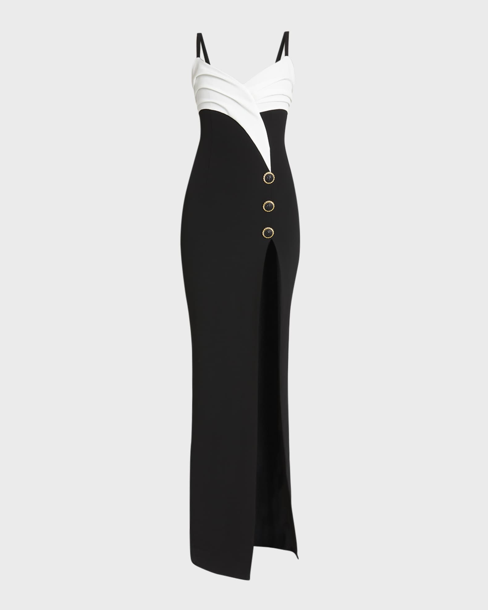 Balmain Two-Tone Crepe Draped Long V-Neck Split Dress