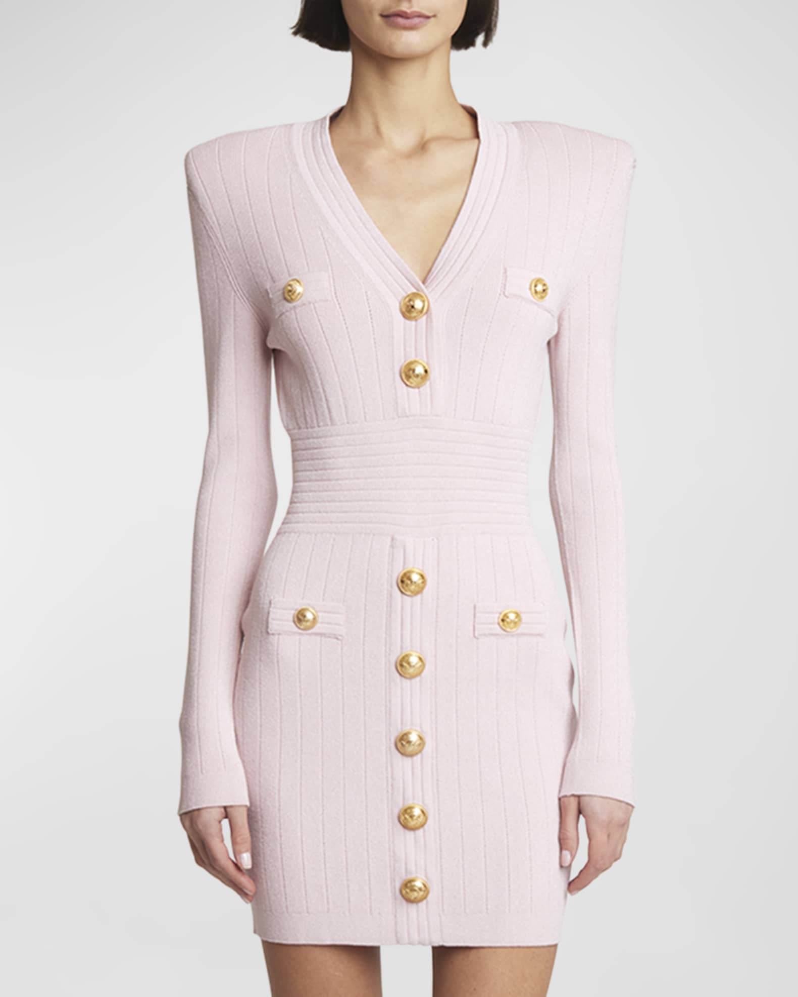 Balmain Long Sleeve Buttoned Short Knit Dress Neiman Marcus