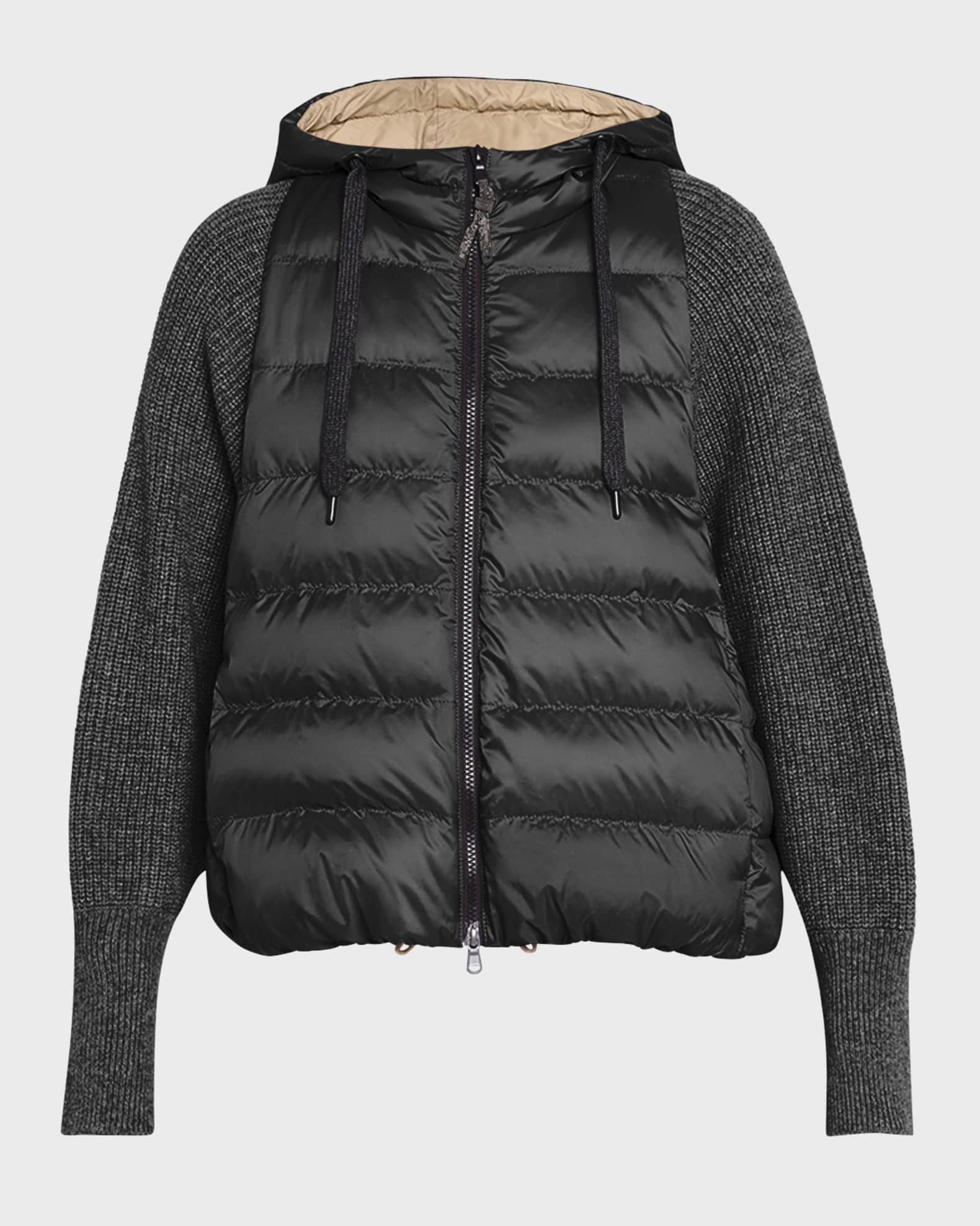 Brunello Cucinelli Padded Taffeta Vest with Cashmere Ribbed Sleeves Black Women s 8 Coats Jackets Outerwear Vests