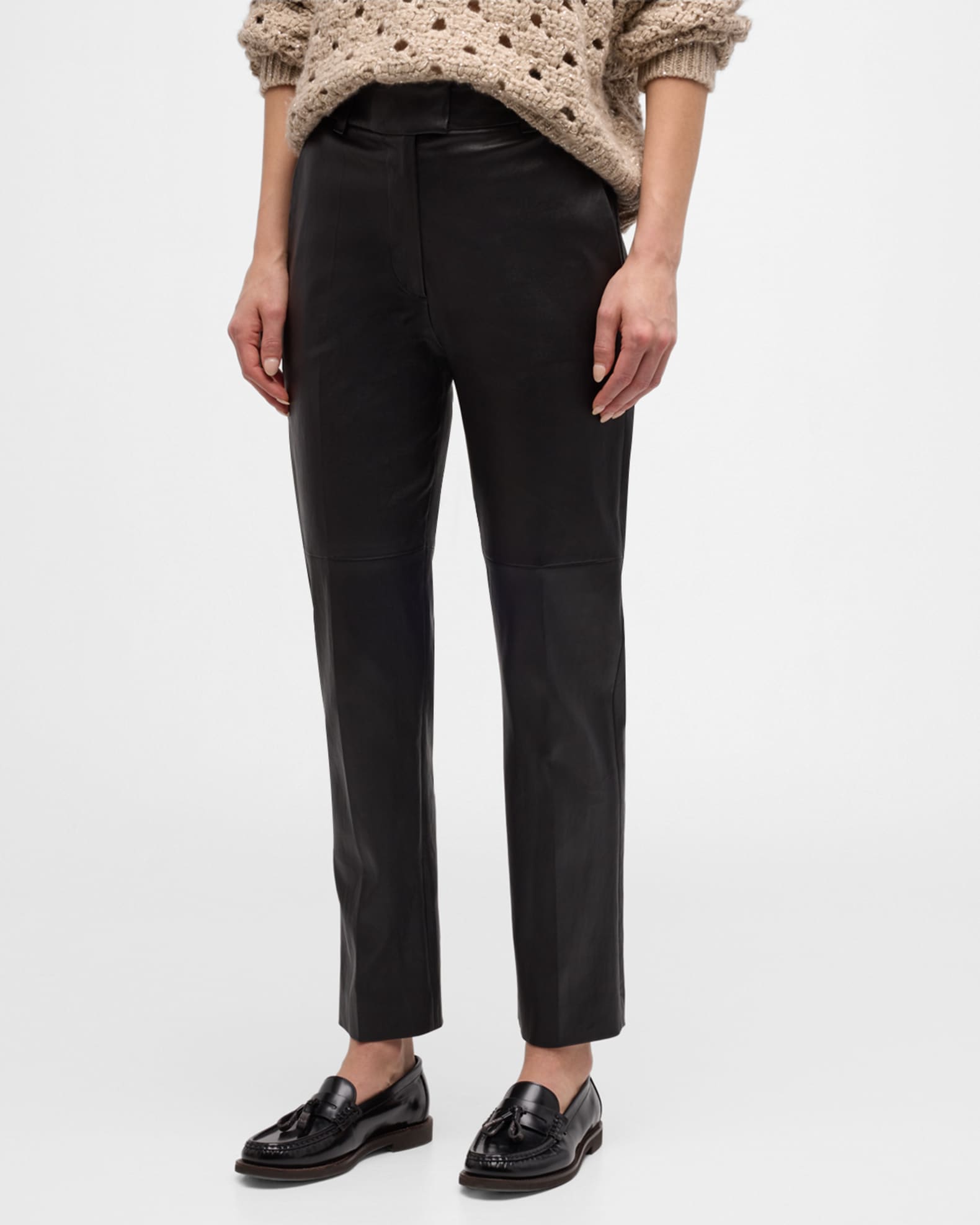Brunello Cucinelli Women Stretch Nappa Leather Square Cigarette Trousers With Jewellery