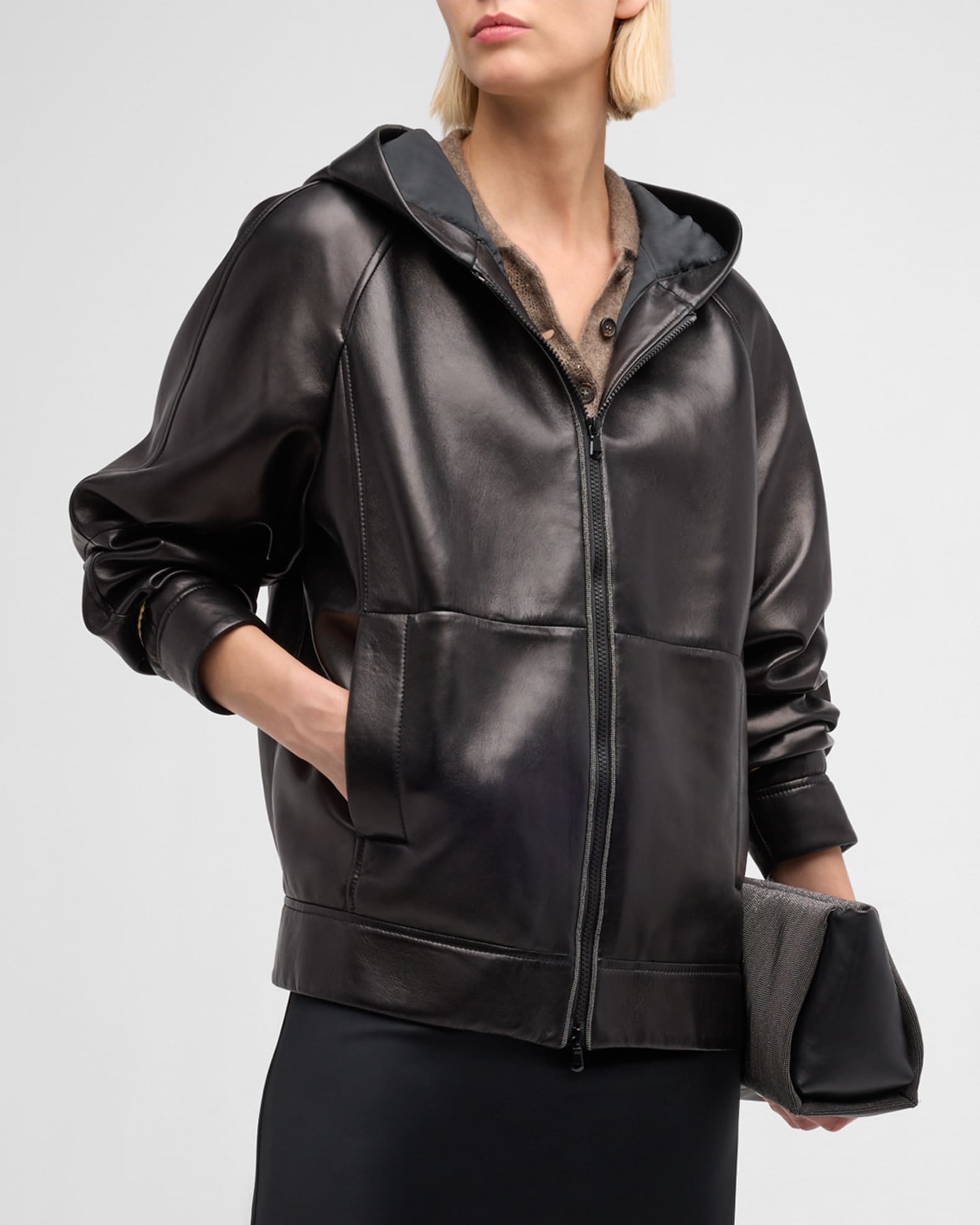 Glove Leather Zip Up Hooded Jacket