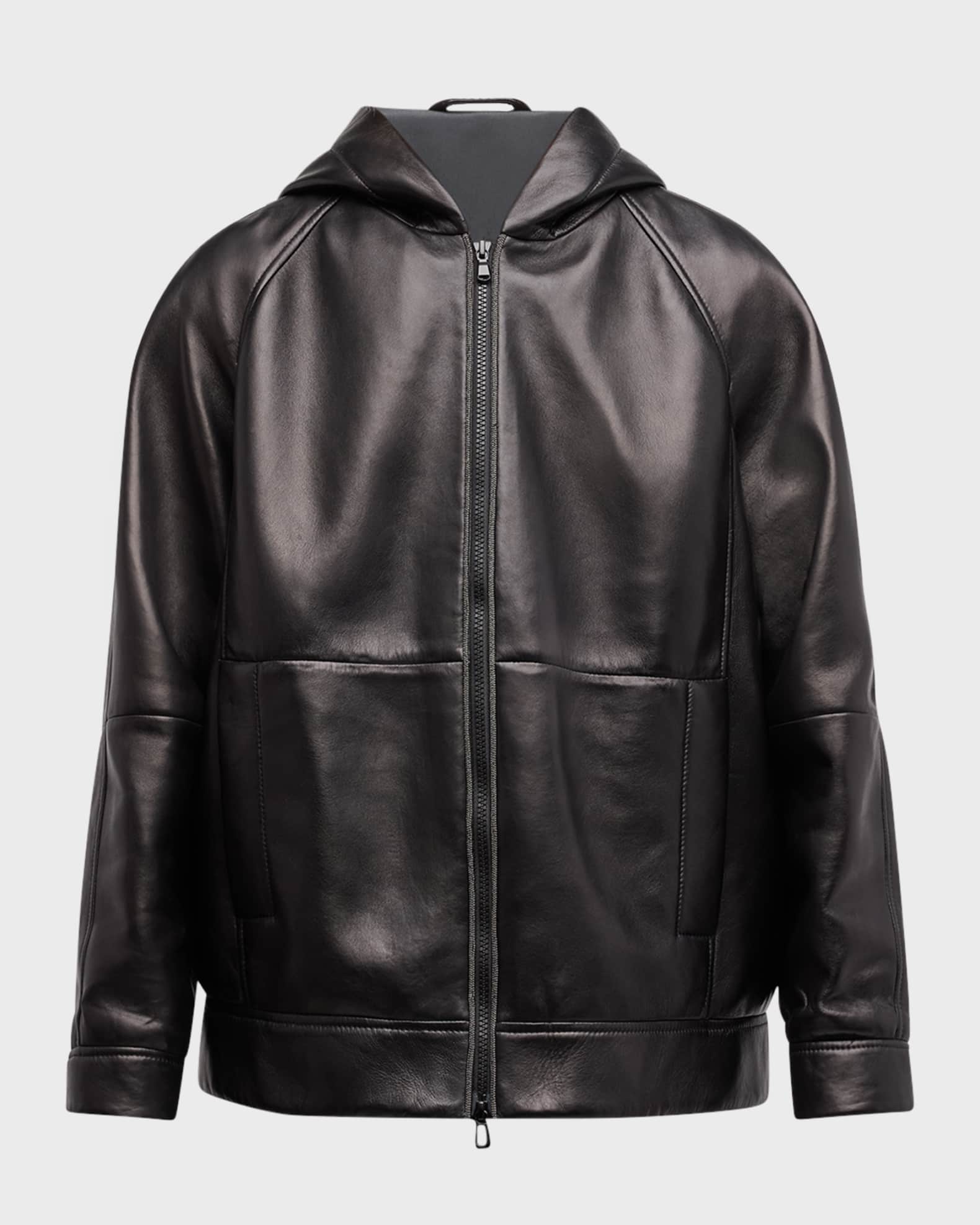 Brunello Cucinelli Glove Leather Zip Up Hooded Jacket Black
