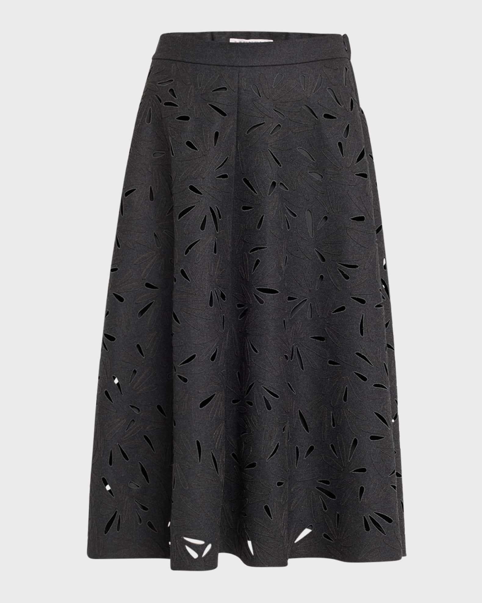Flannel Wool A-Line Midi Skirt with Laser-Cut Floral Embroidery 0