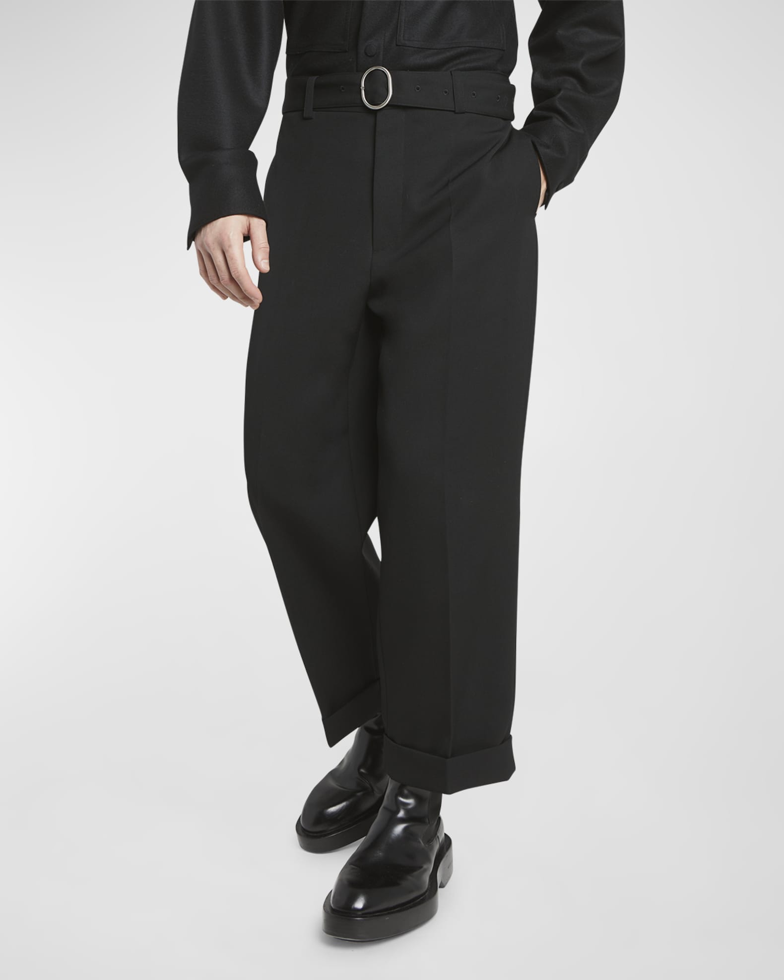 Men's Belted Straight-Leg Cuffed Trousers