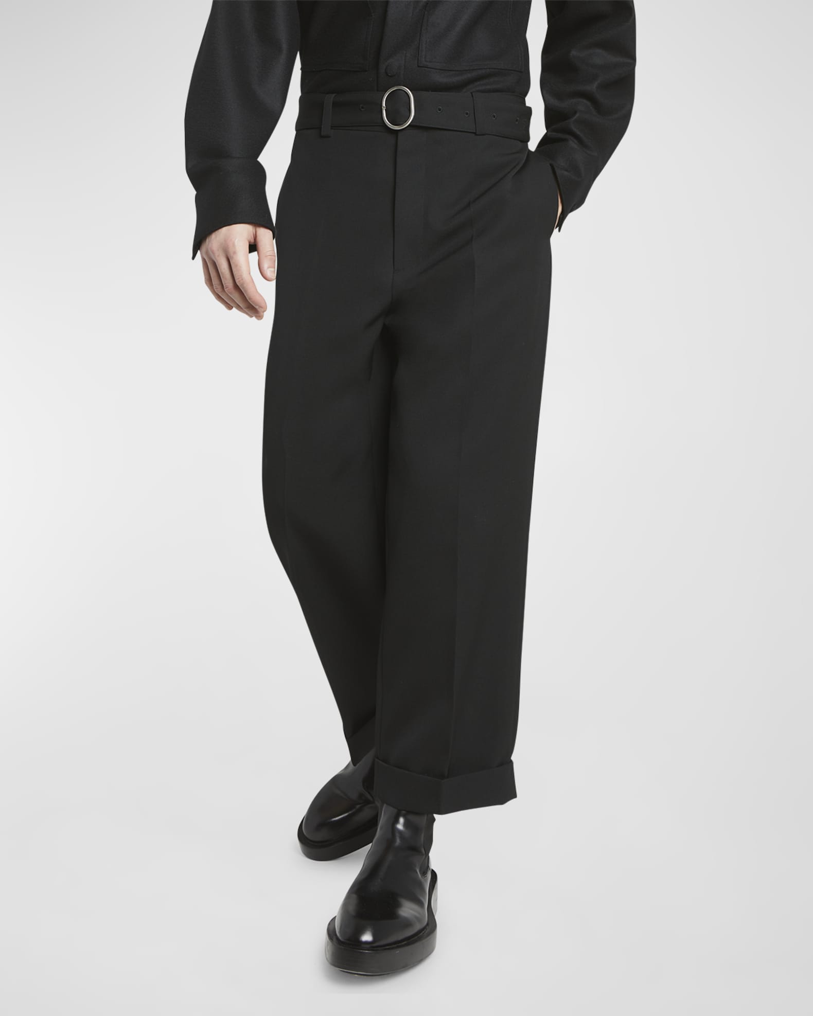 Men's Belted Straight-Leg Cuffed Trousers