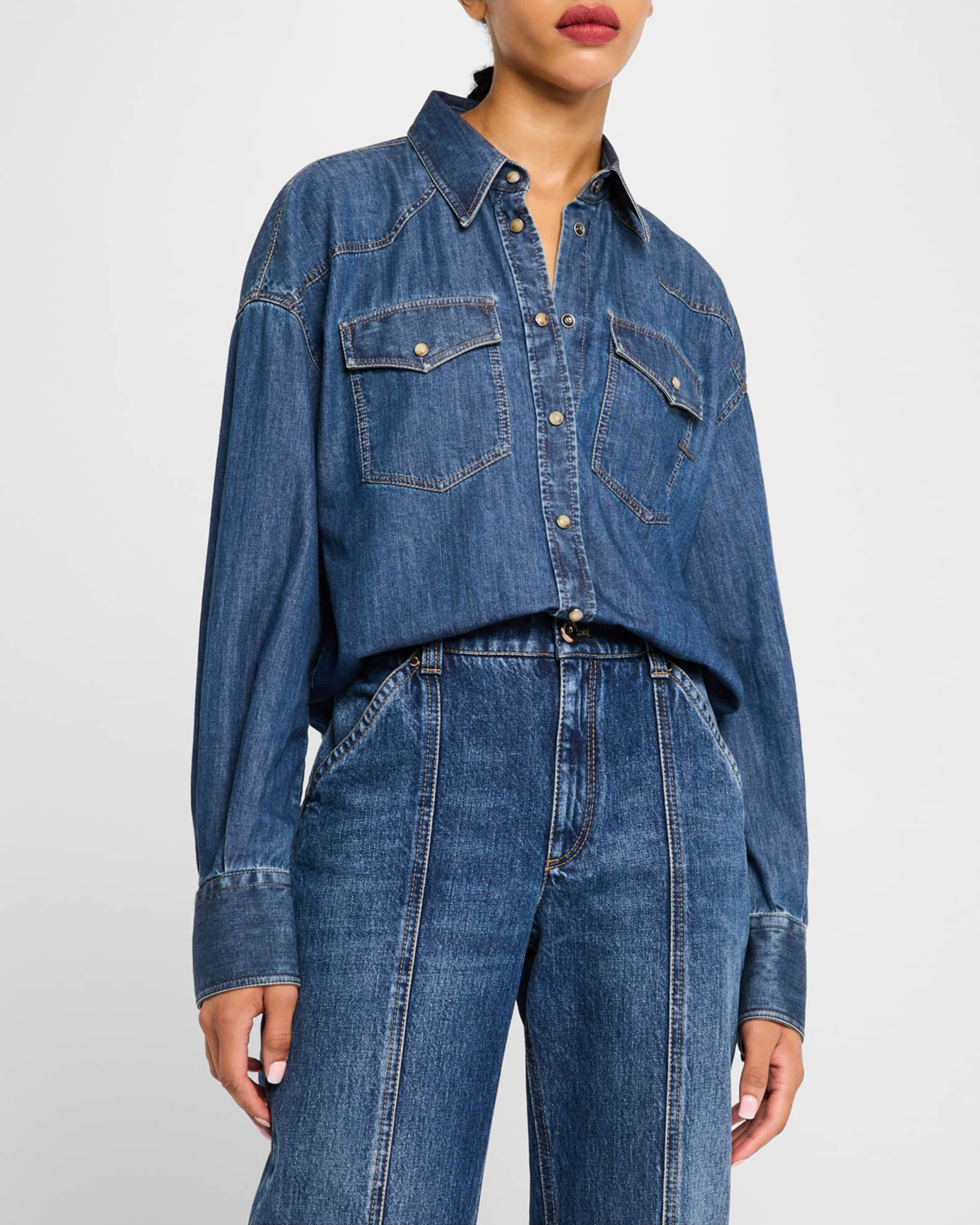 Brunello Cucinelli Light Denim Shirt With Monili Tab | Neiman Marcus