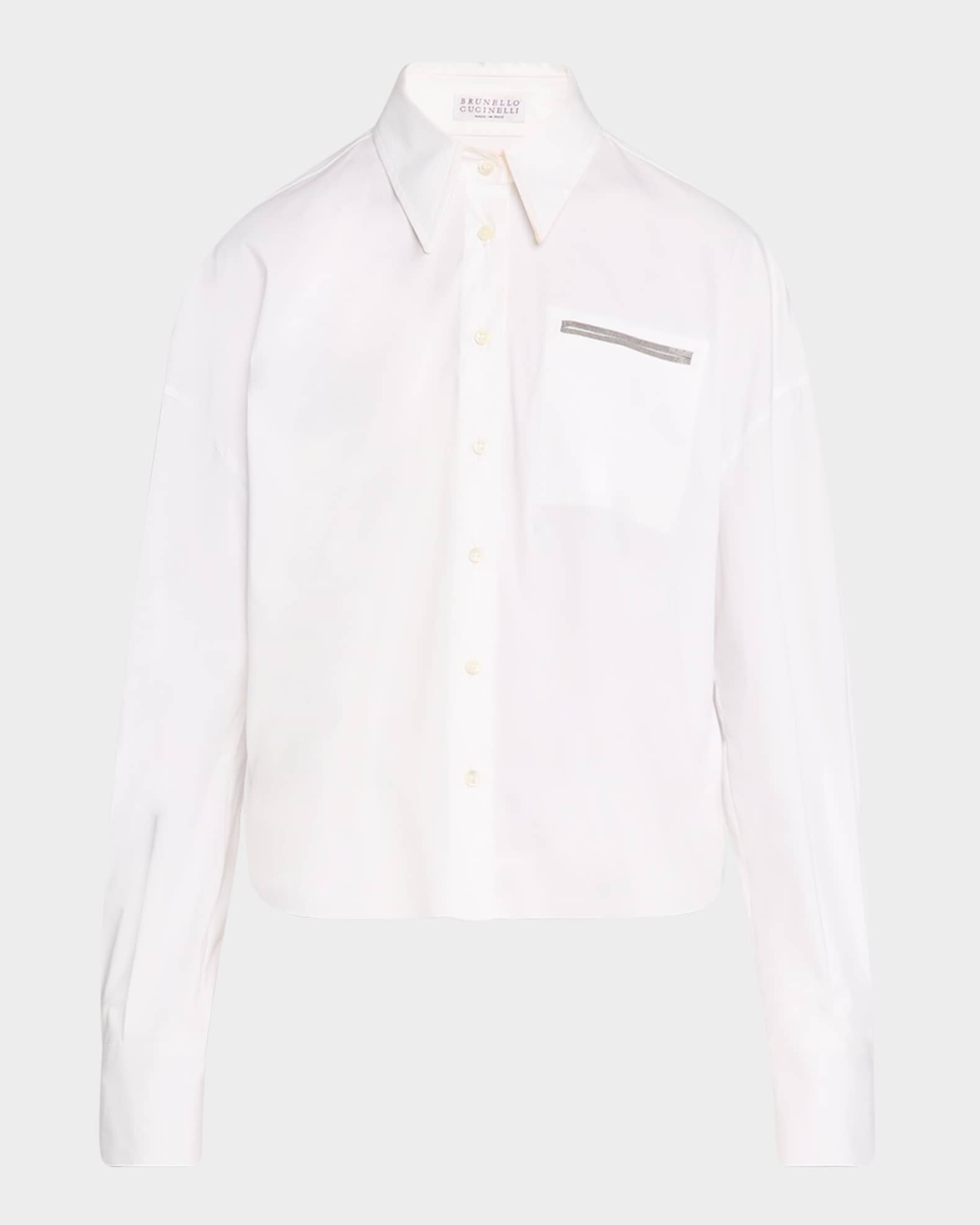 Cotton Poplin Button-Front Shirt with Monili Detail 0