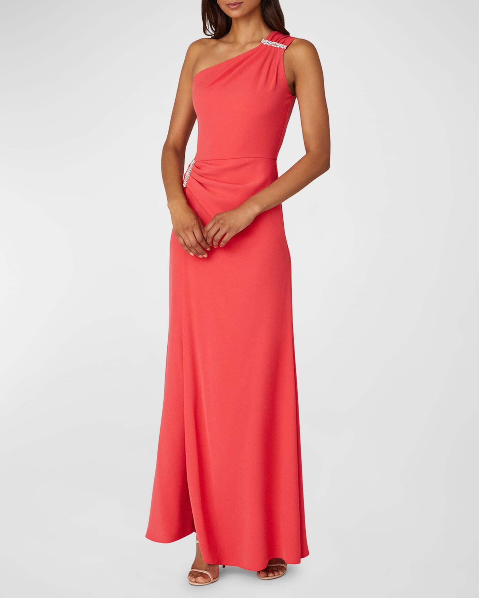 Shoshanna One Shoulder Crystal embellished Crepe Gown Coral Pink