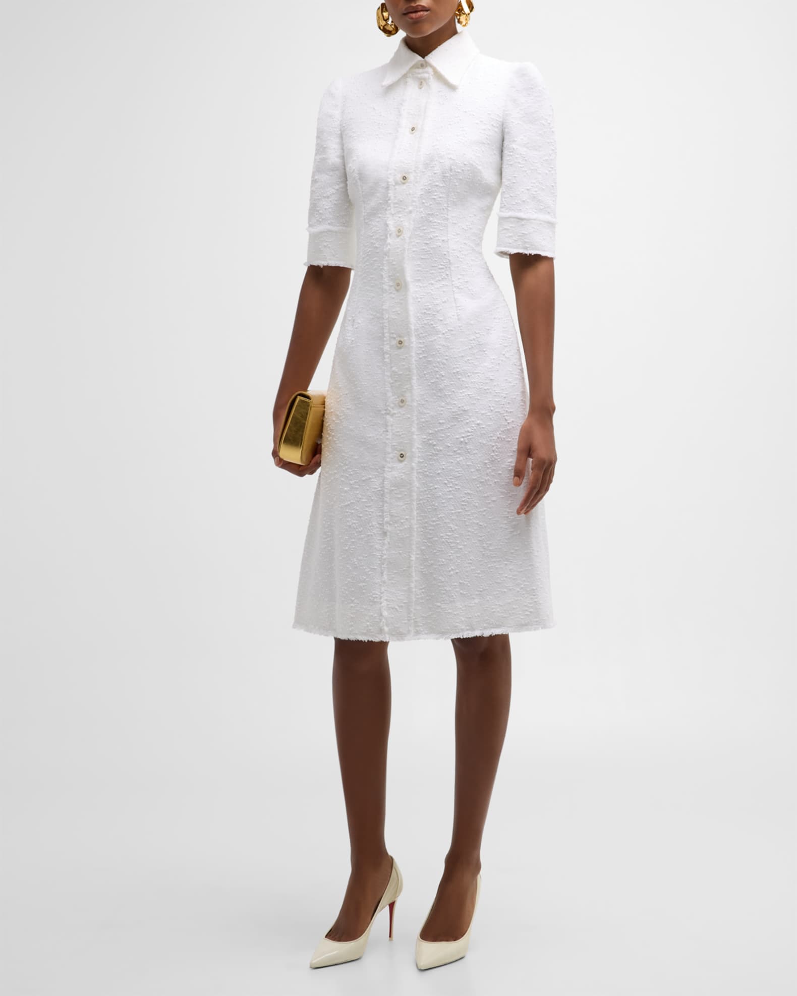 Short-Sleeve Boucle A-Line Midi Shirtdress 1