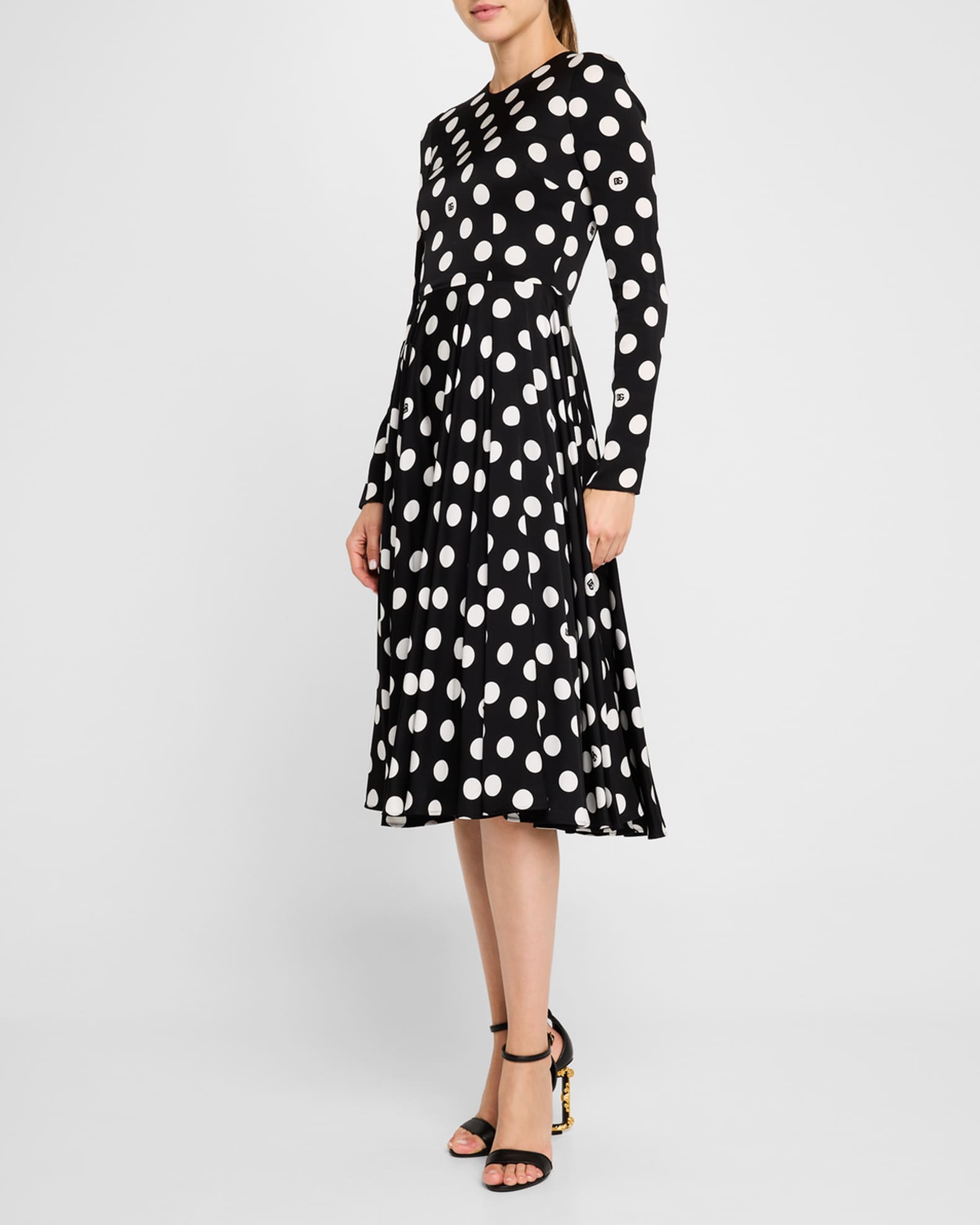 Logo Polka-Dot Silk Charmeuse Long-Sleeve Midi Dress 1
