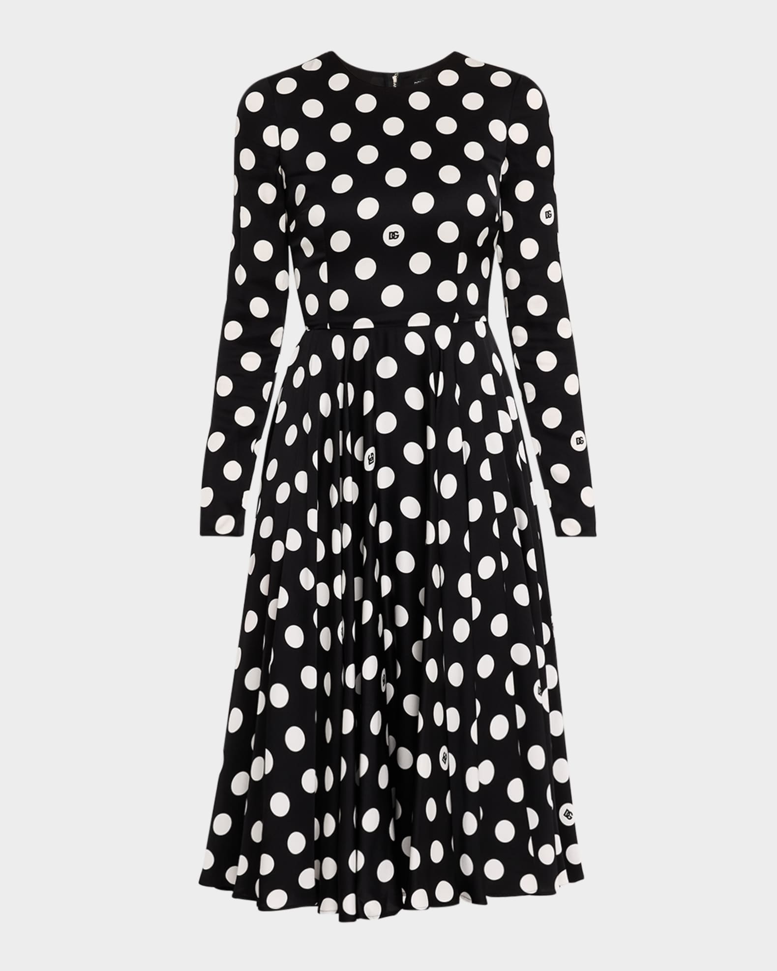 Logo Polka-Dot Silk Charmeuse Long-Sleeve Midi Dress 0