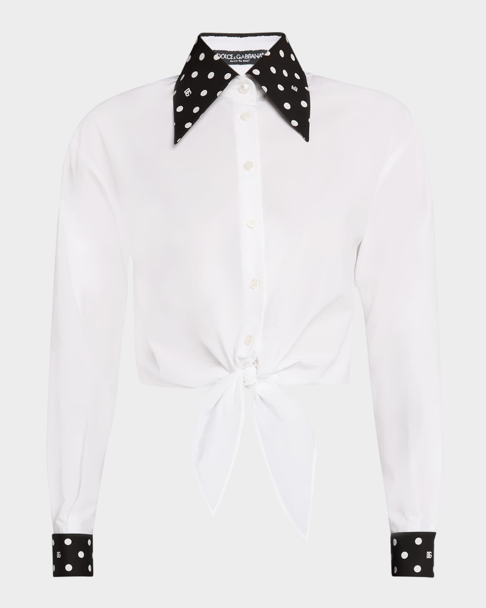 Polka-Dot Collar Tie Crop Cotton Shirt 0