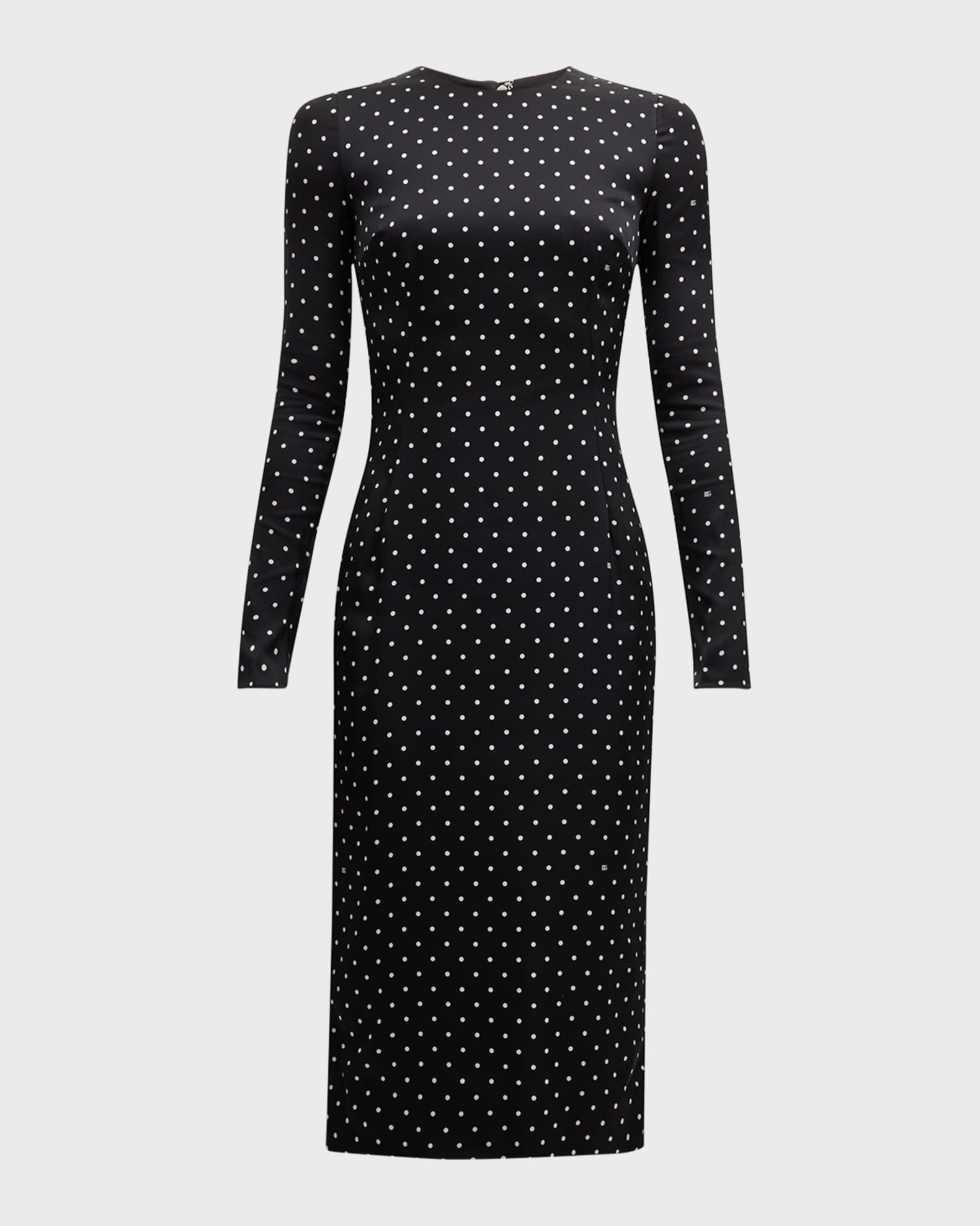 Dolce&Gabbana Polka-Dot Silk Charmeuse Long-Sleeve Midi Tubino Dress