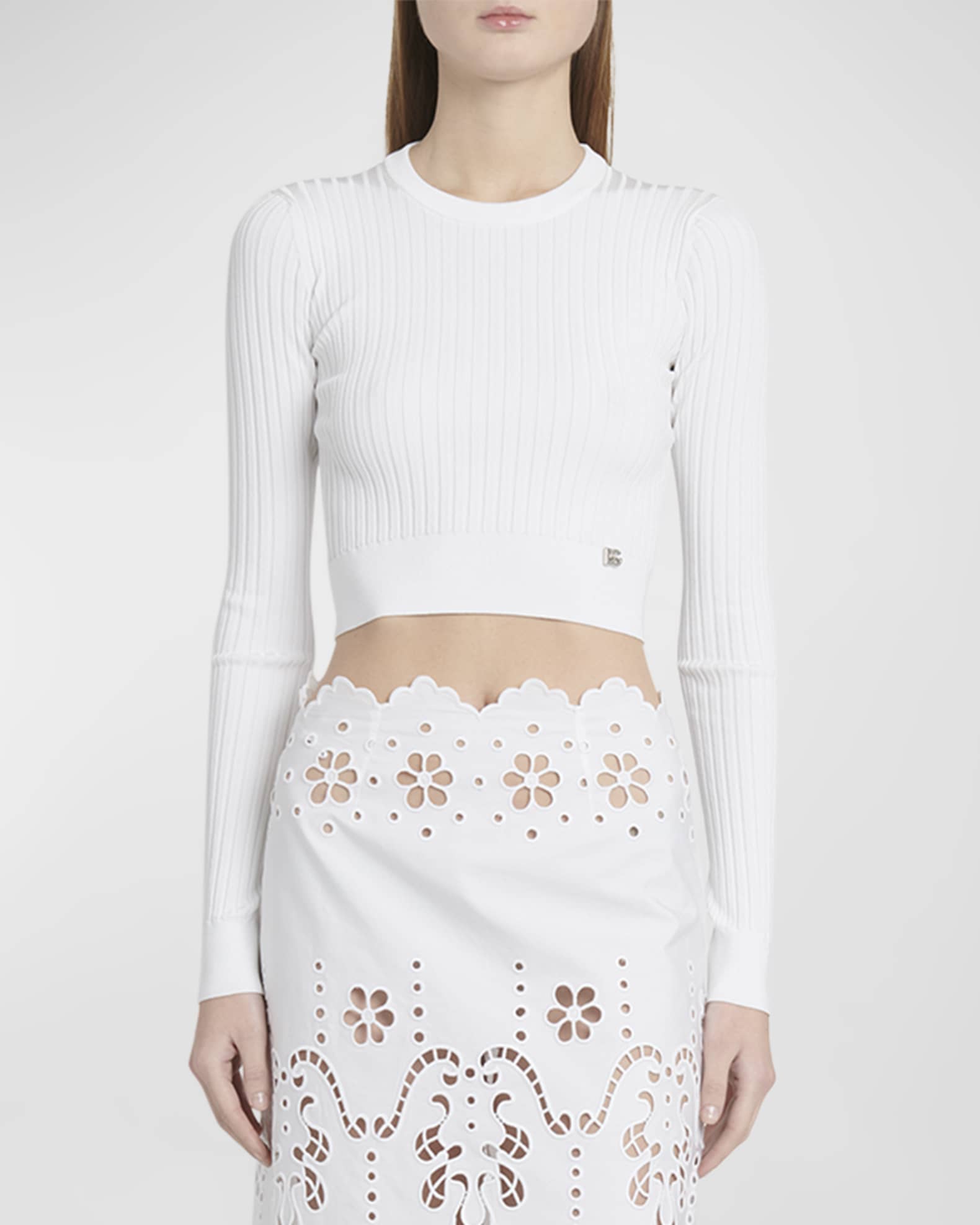 Crewneck Long-Sleeve Rib Crop Sweater 1