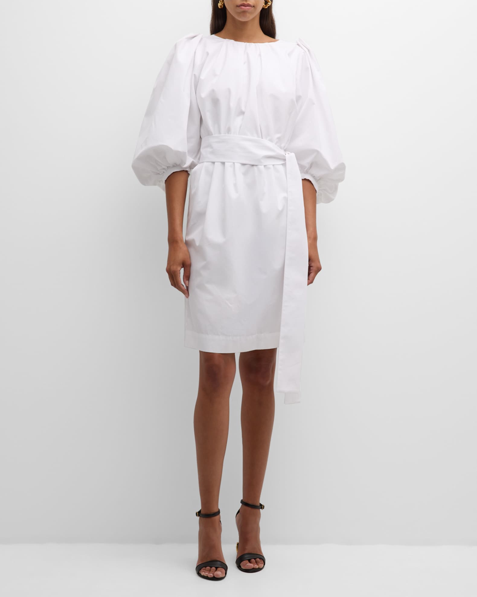 Balloon-Sleeve Belted Cotton Popeline Dress 1