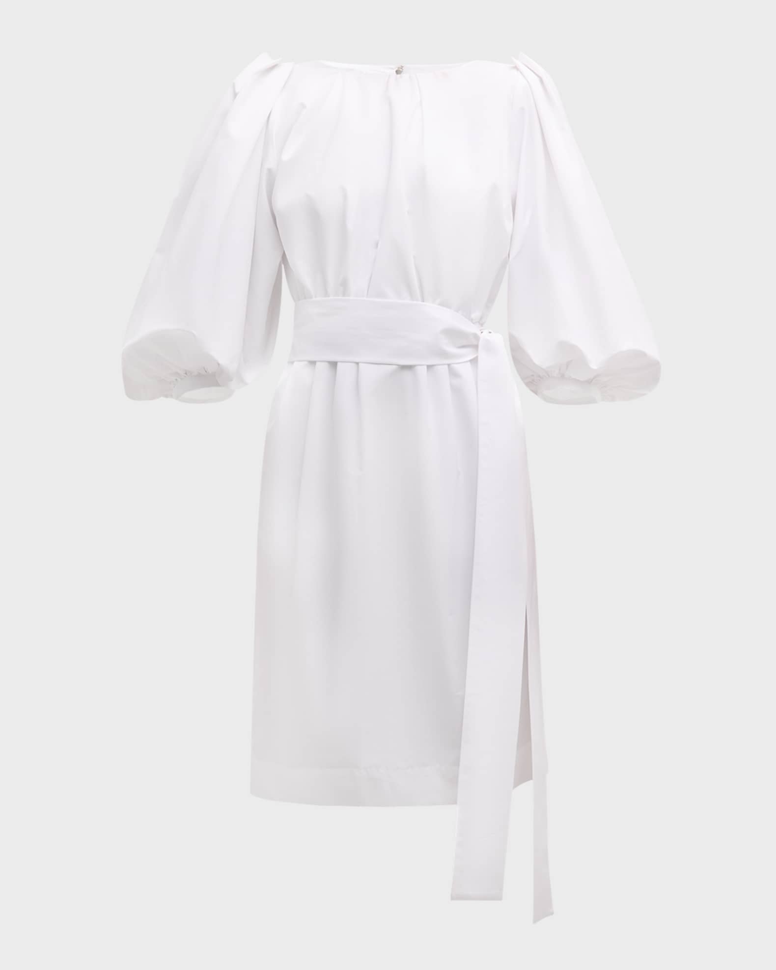 Balloon-Sleeve Belted Cotton Popeline Dress 0
