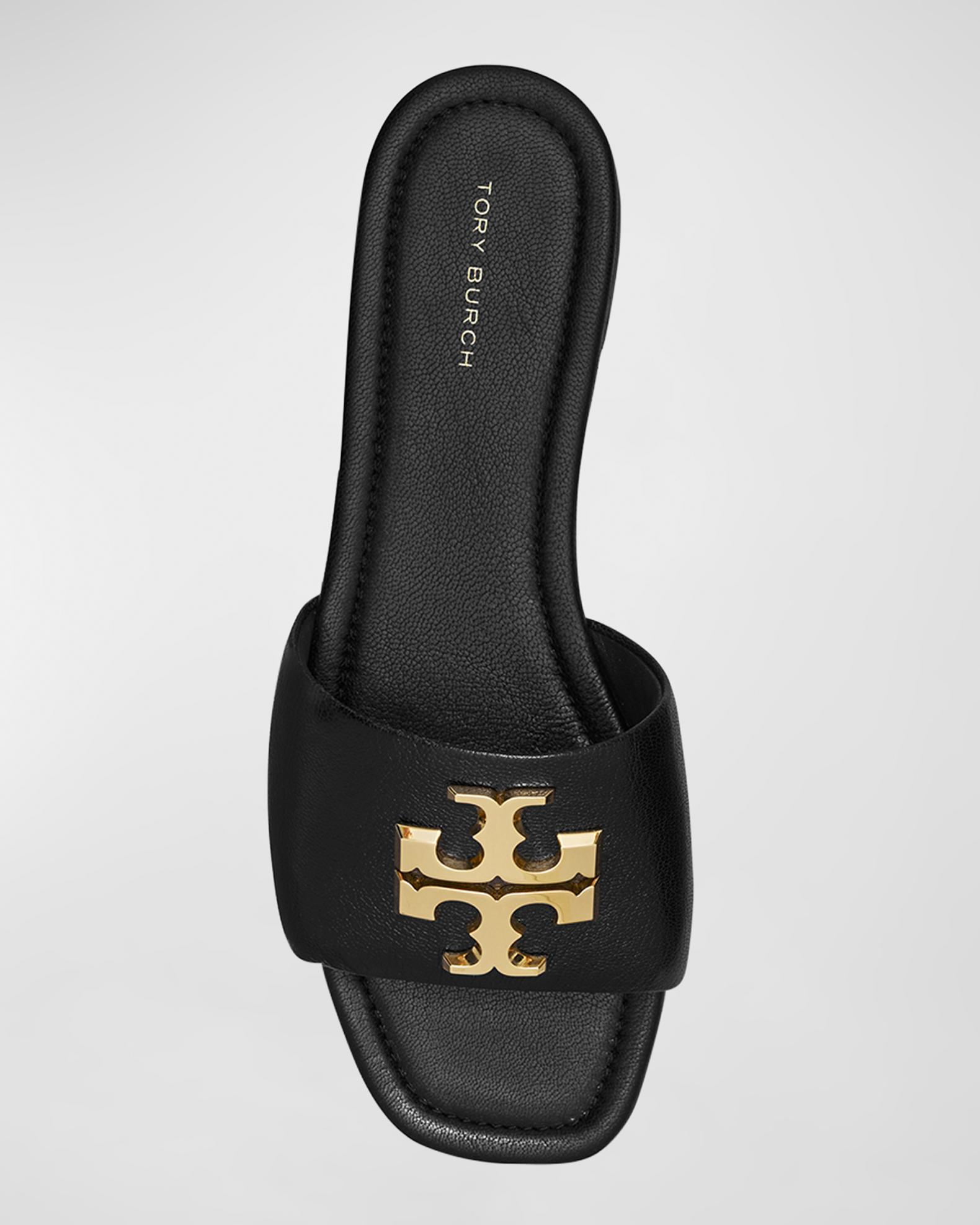 Tory Burch Black Leather Slide Sandals with Gold Emblem Eleanor Slide: Women main image 2