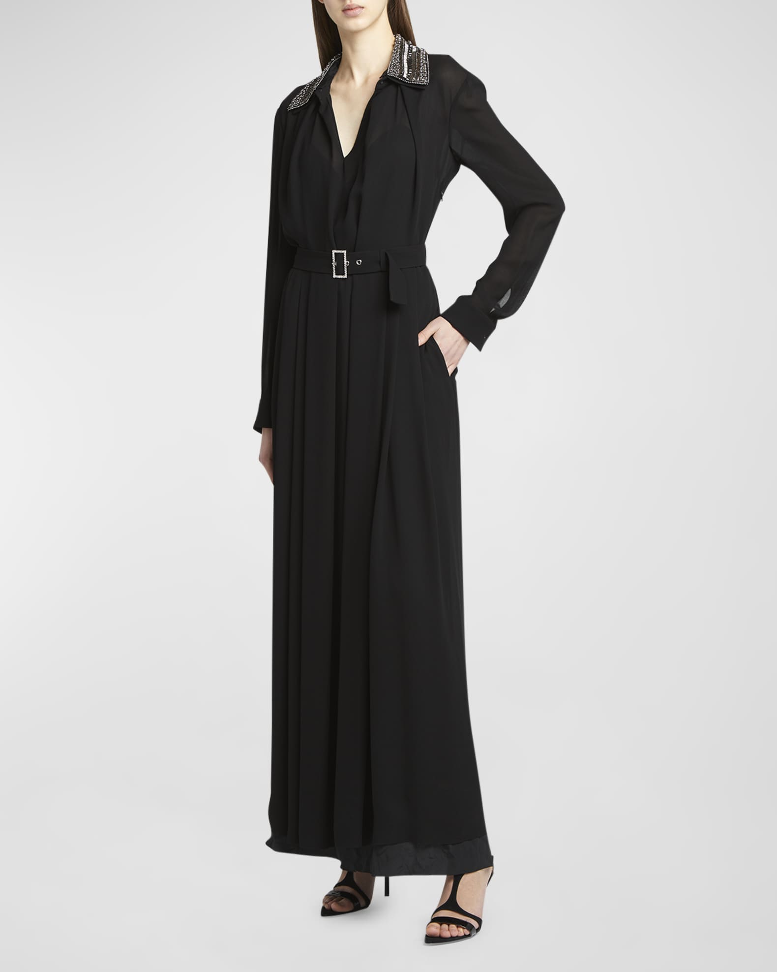 【期間限定送料無料】 Alberta Ferretti Beaded Collar Sable Belted Shirt Dress スーツ・フォーマル・ドレス
