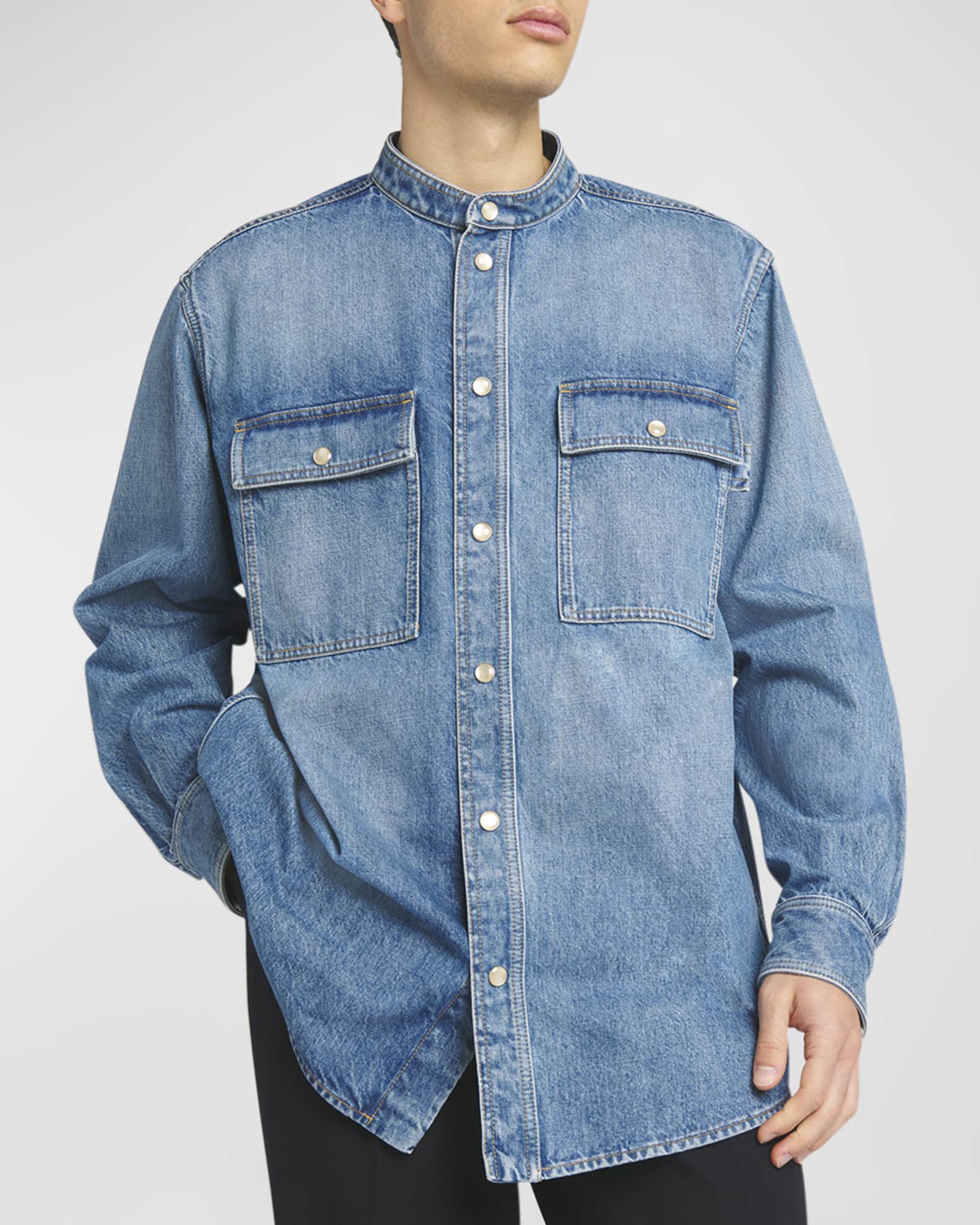 トップス V.Washed Denim Stand Coller SH OWH Bottega Veneta Men's Eco-Wash Denim Snap-Front Shirt | Neiman Marcus