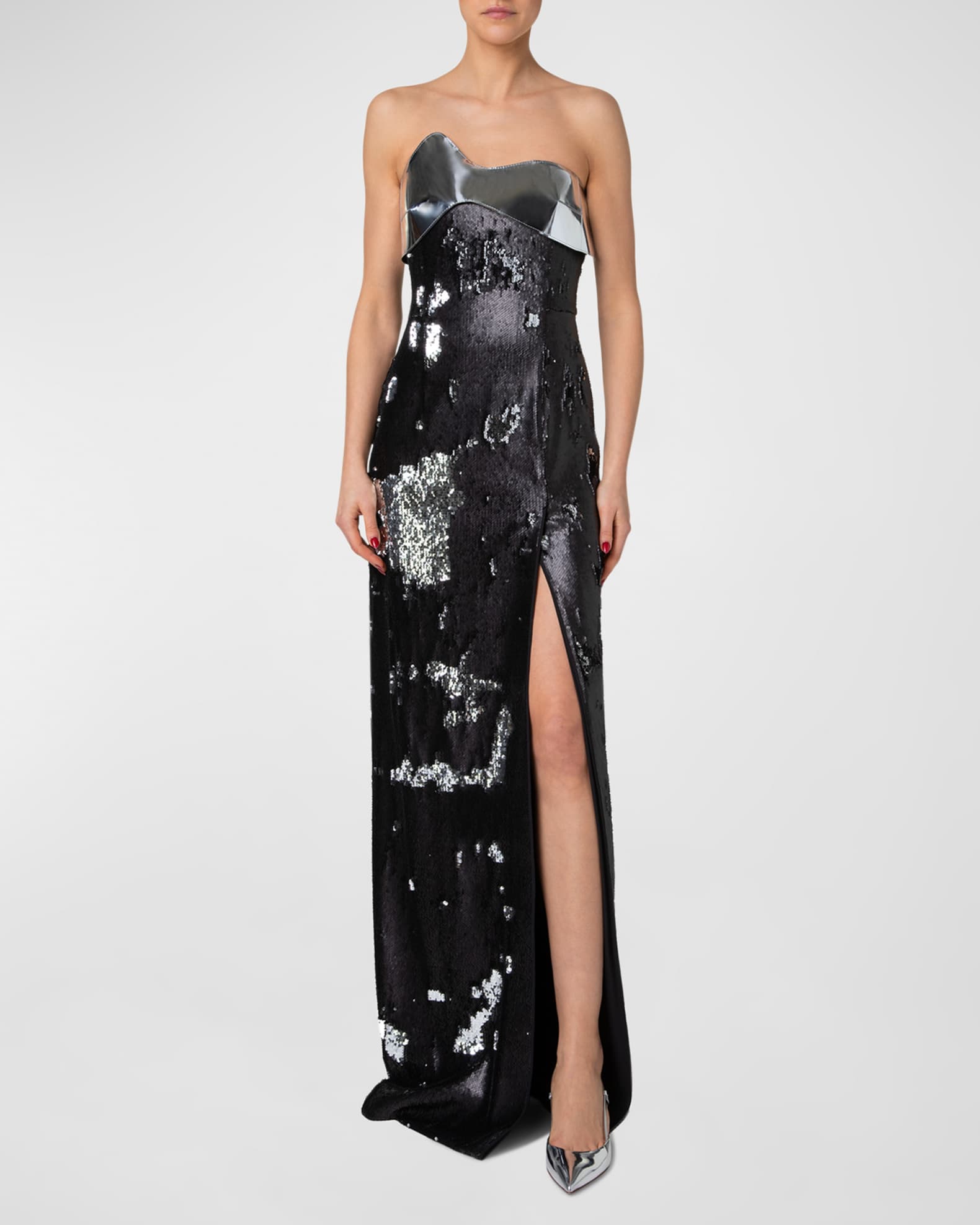 Akris LeatherWave Strapless Bicolor Sequined Slit Gown Neiman Marcus
