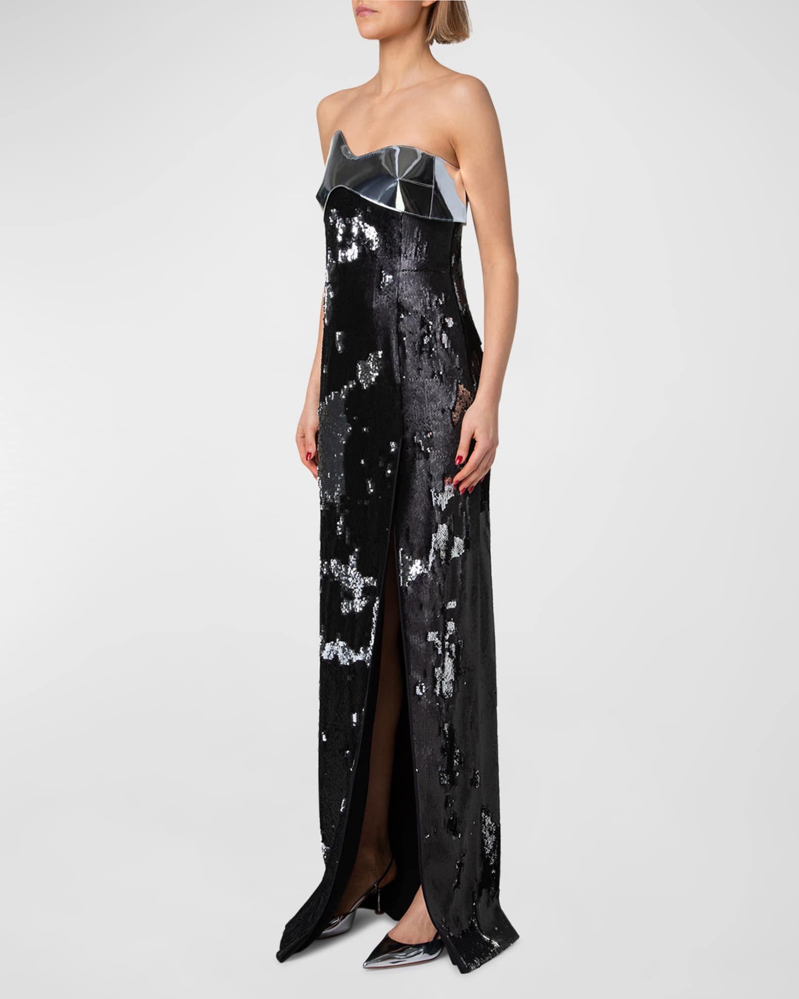 Akris Leather Wave Strapless Bicolor Sequined Slit Gown Neiman Marcus