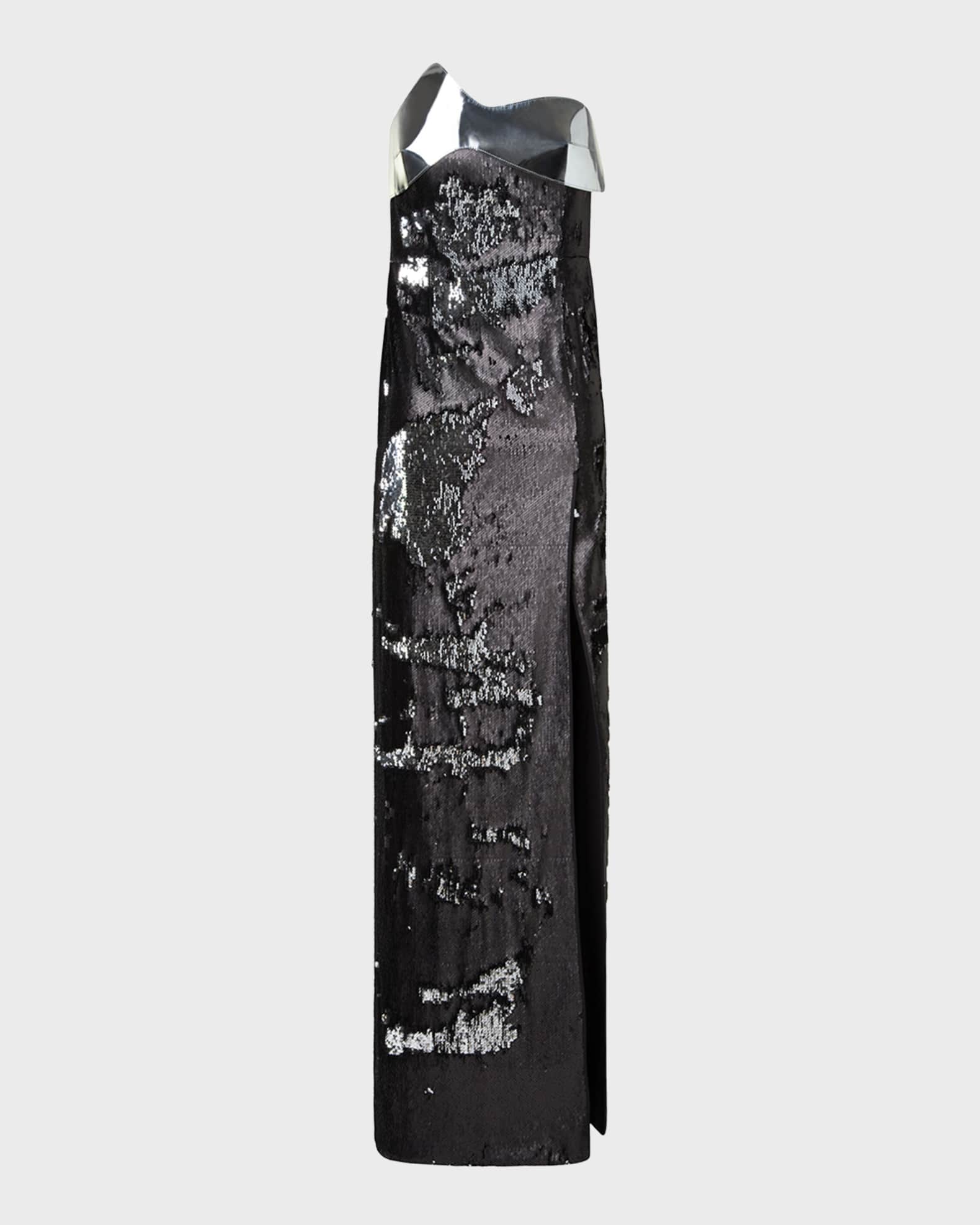 Leather Wave Strapless Bicolor Sequined Slit Gown