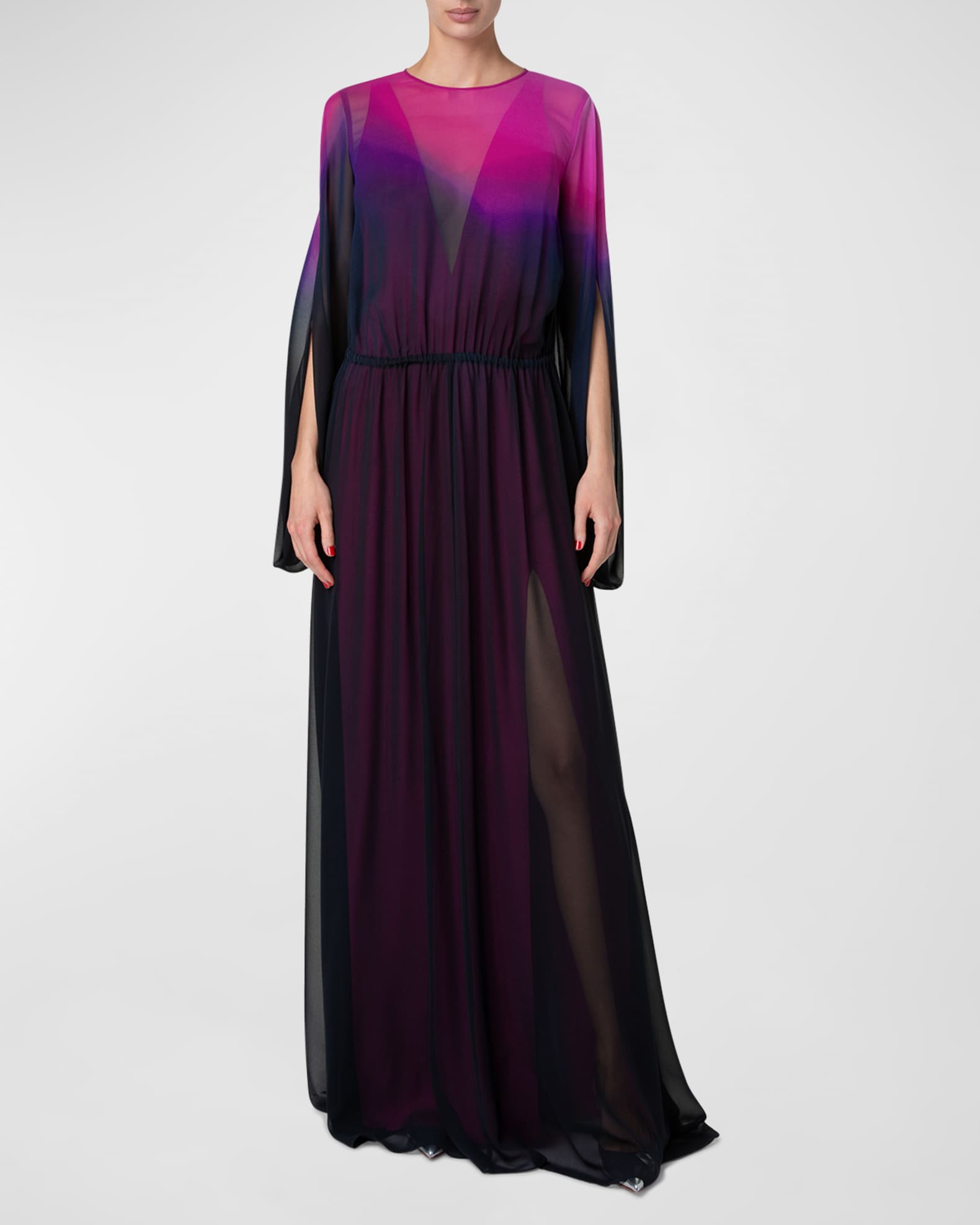 Long-Sleeve Sheer Silk Georgette Gown 1