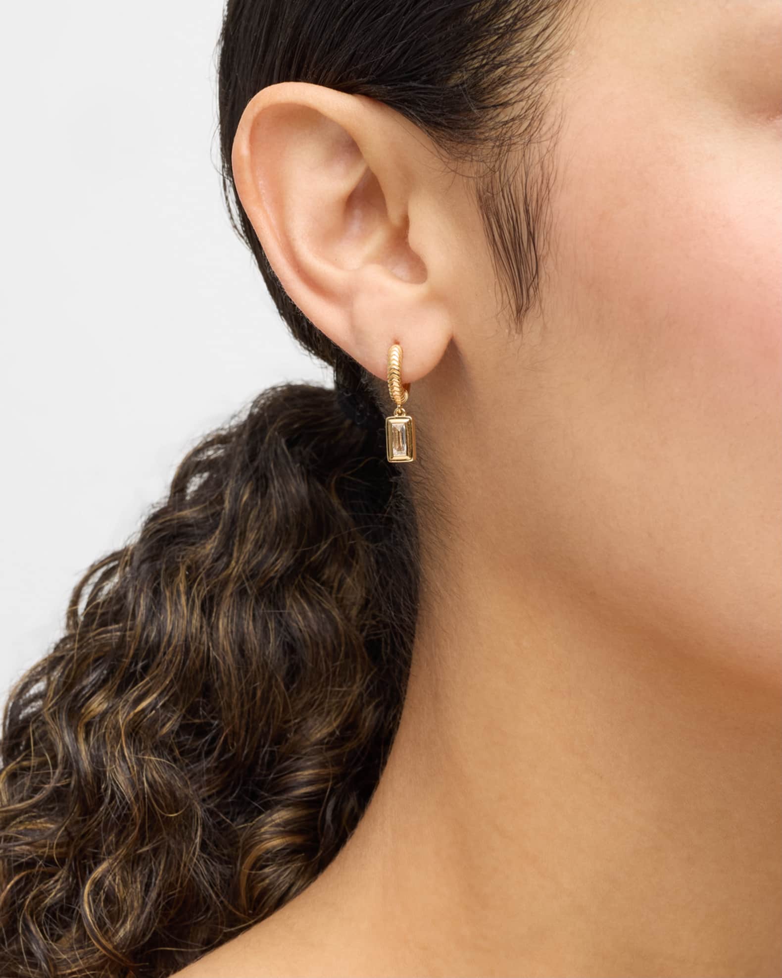Diamond Baguette Drop Huggies Earrings in 18K Yellow Gold  1