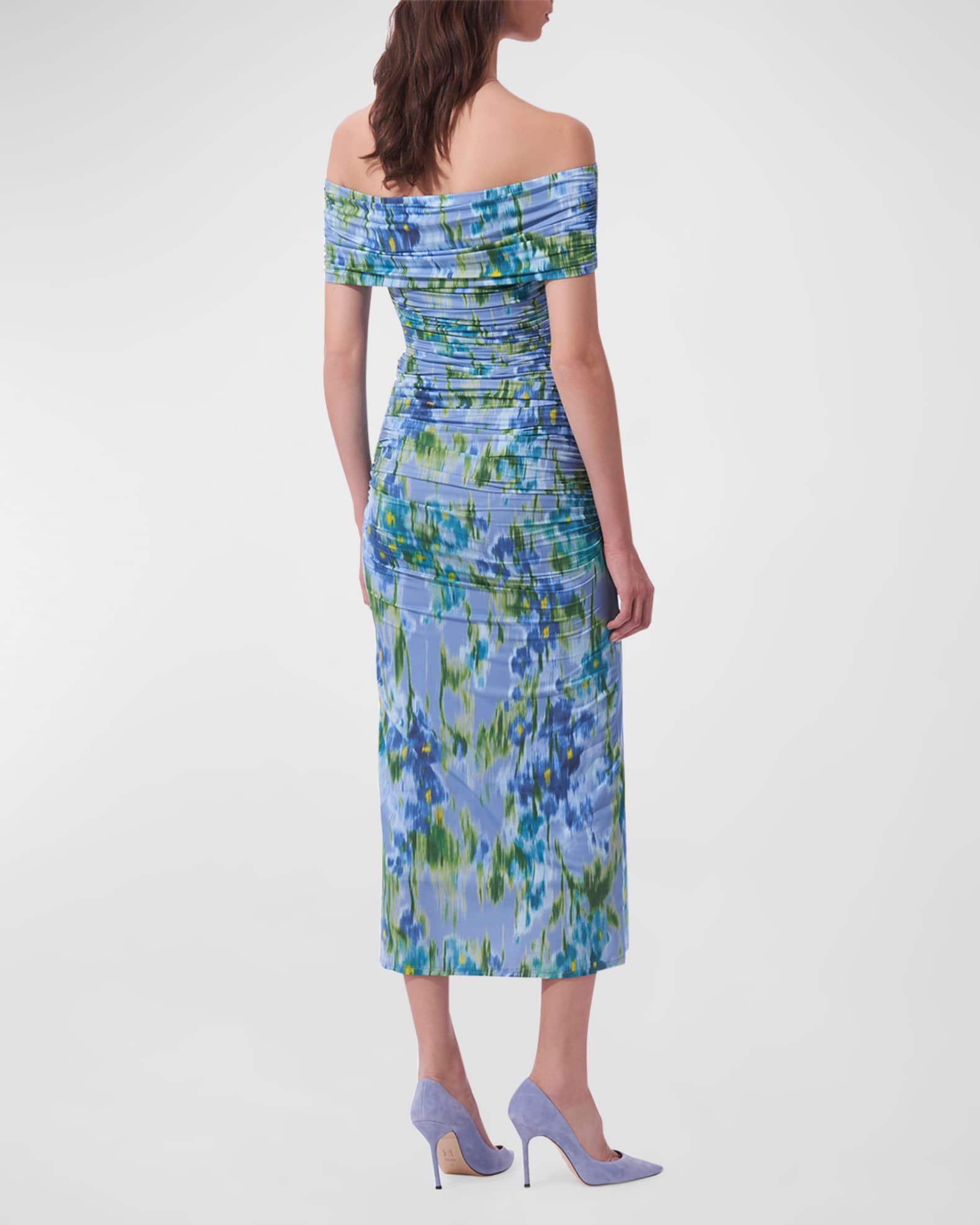 Carolina Herrera Off The Shoulder Floral Ruched Midi Dress in Haze Multi Size Large