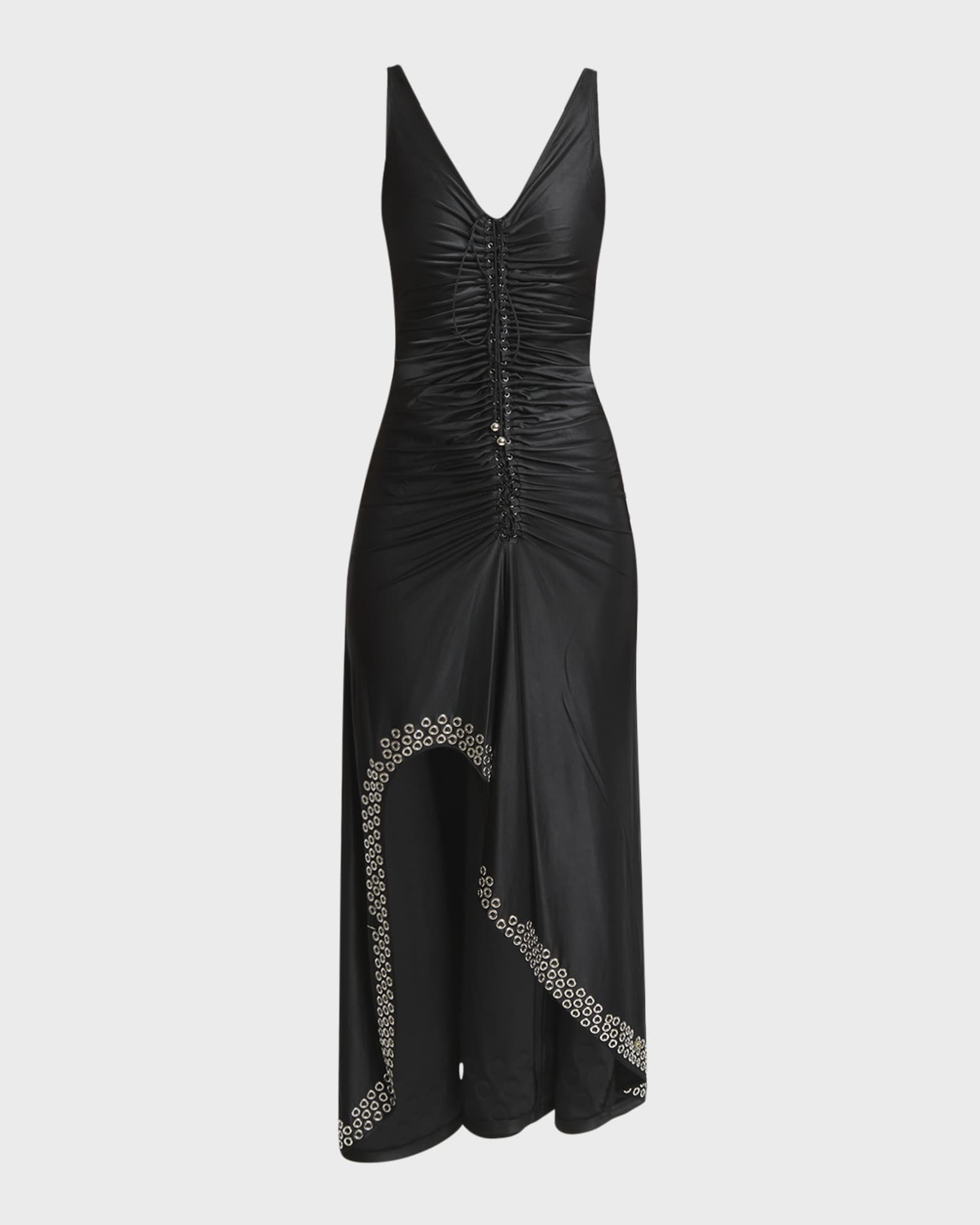 Grommet Embellished Sleeveless Ruched Midi Dress