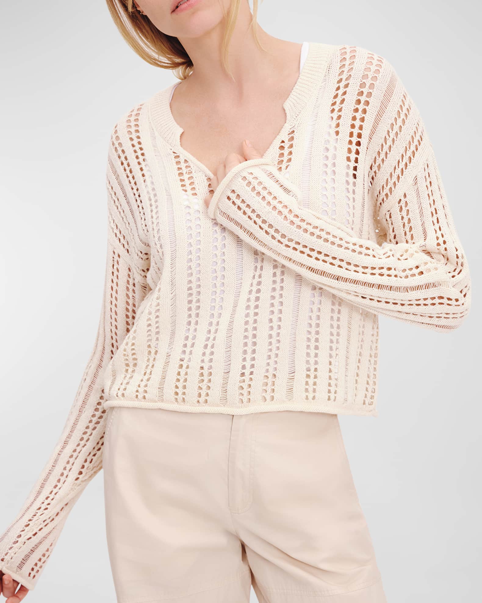 ATM Anthony Thomas Melillo Cotton and Linen Open Knit V Neck Sweater Neiman Marcus