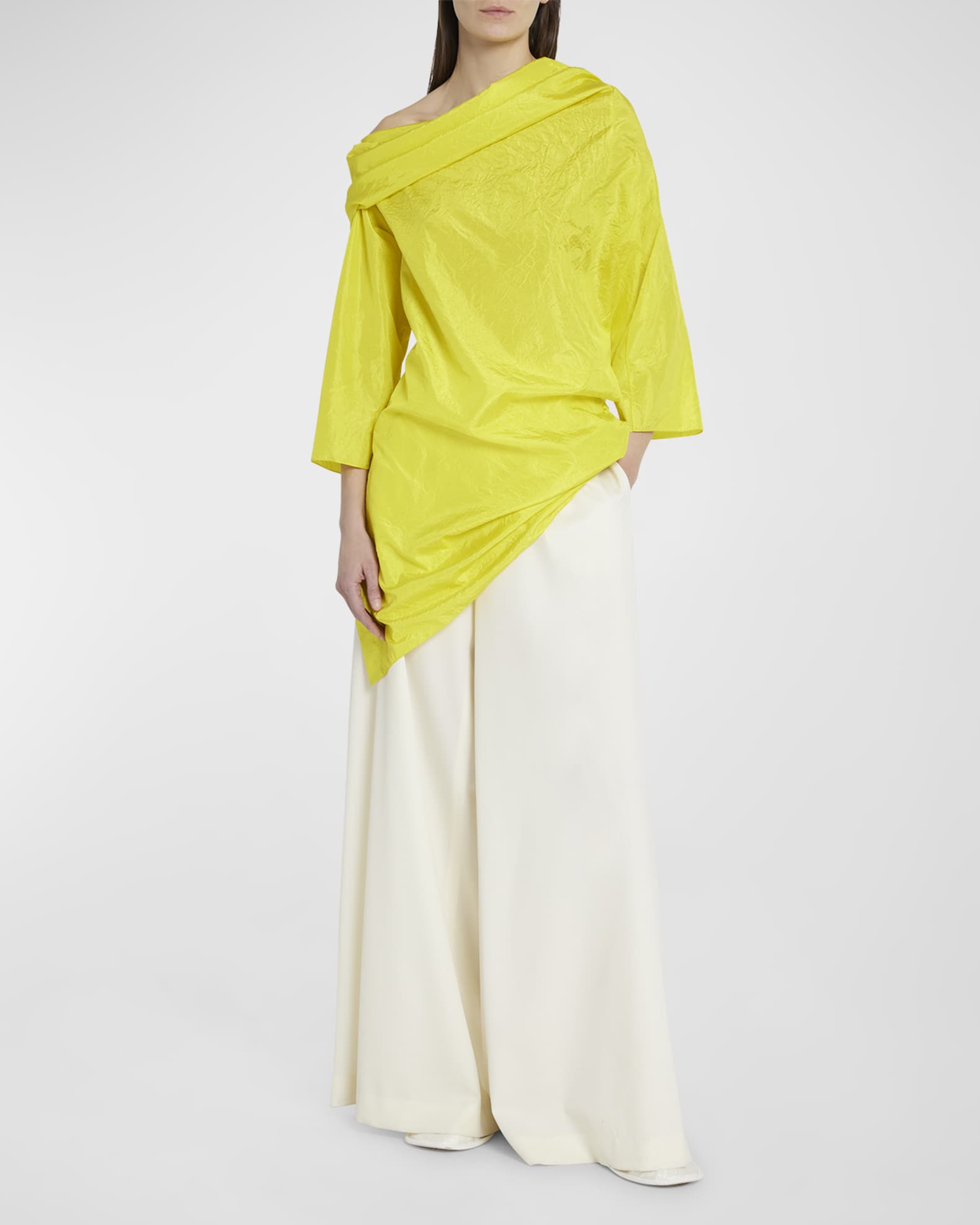 Sifo Draped One-Shoulder Long-Sleeve Crinkle Silk Top 1