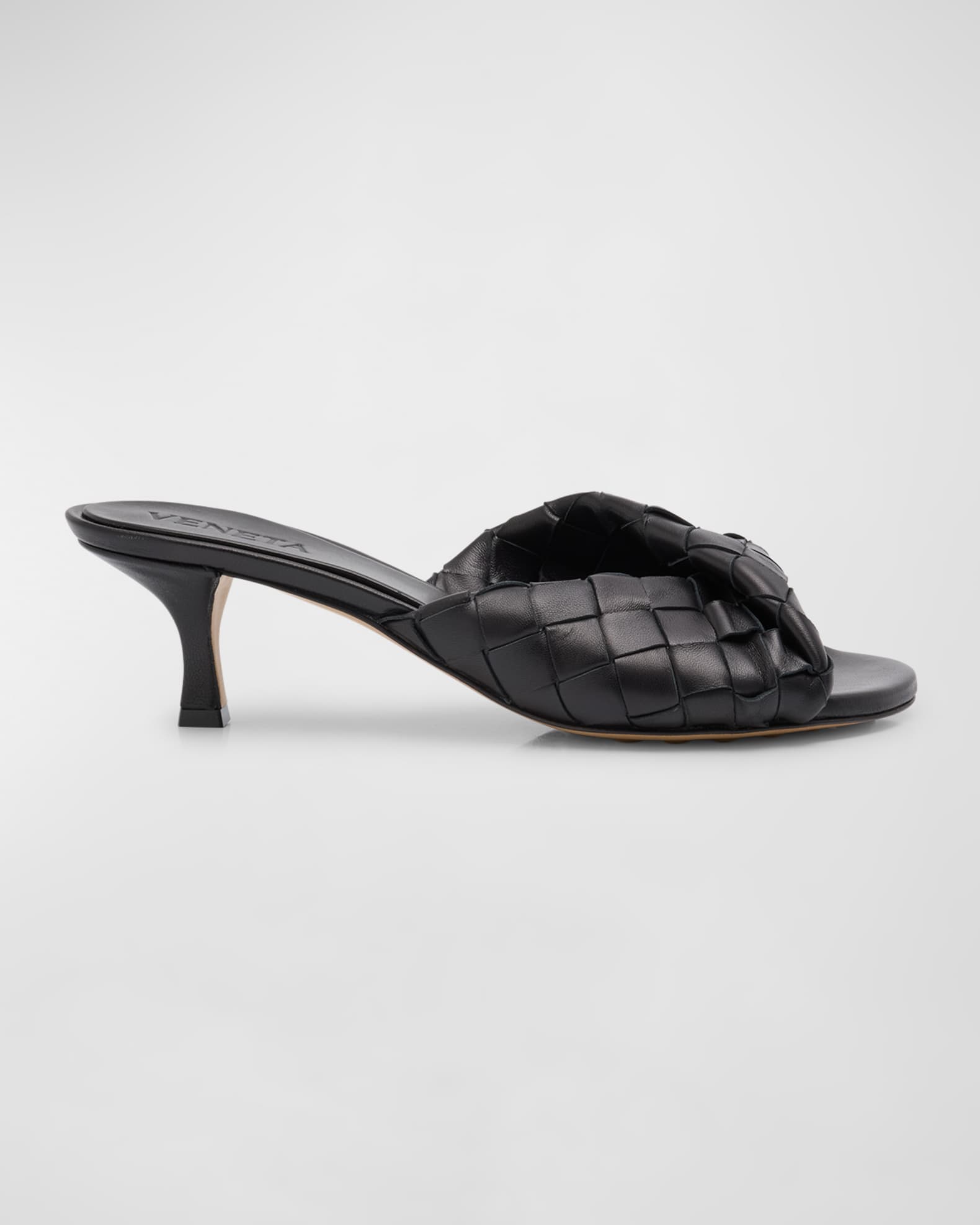 サンダル・ミュール BOTTEGA VENETA Leather heel sandals with Intrecciato motif Bottega Veneta Interciato Woven Twist Mule Sandals | Neiman