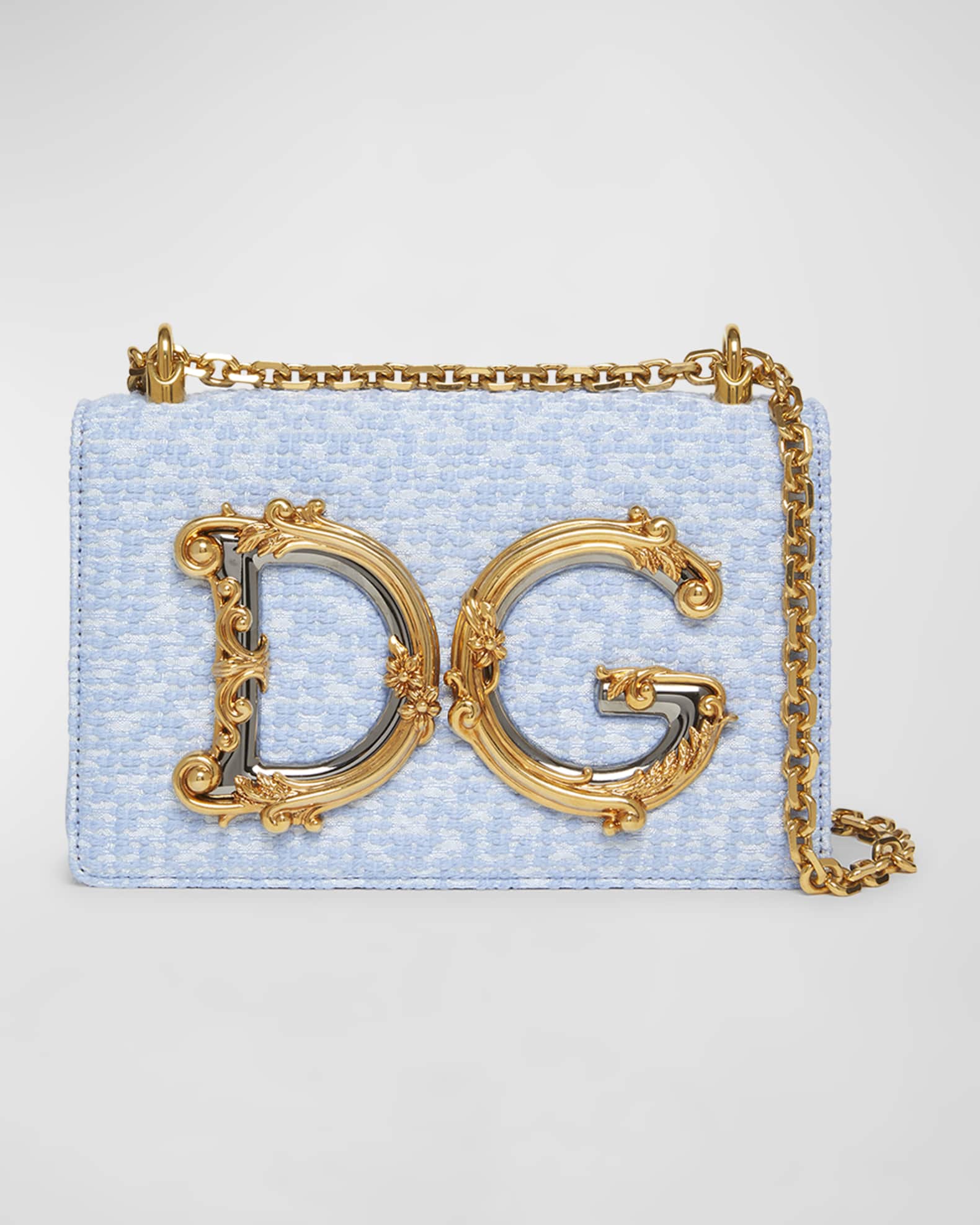 Dolce Gabbana Logo embellished Tweed Crossbody Bag Light Blue