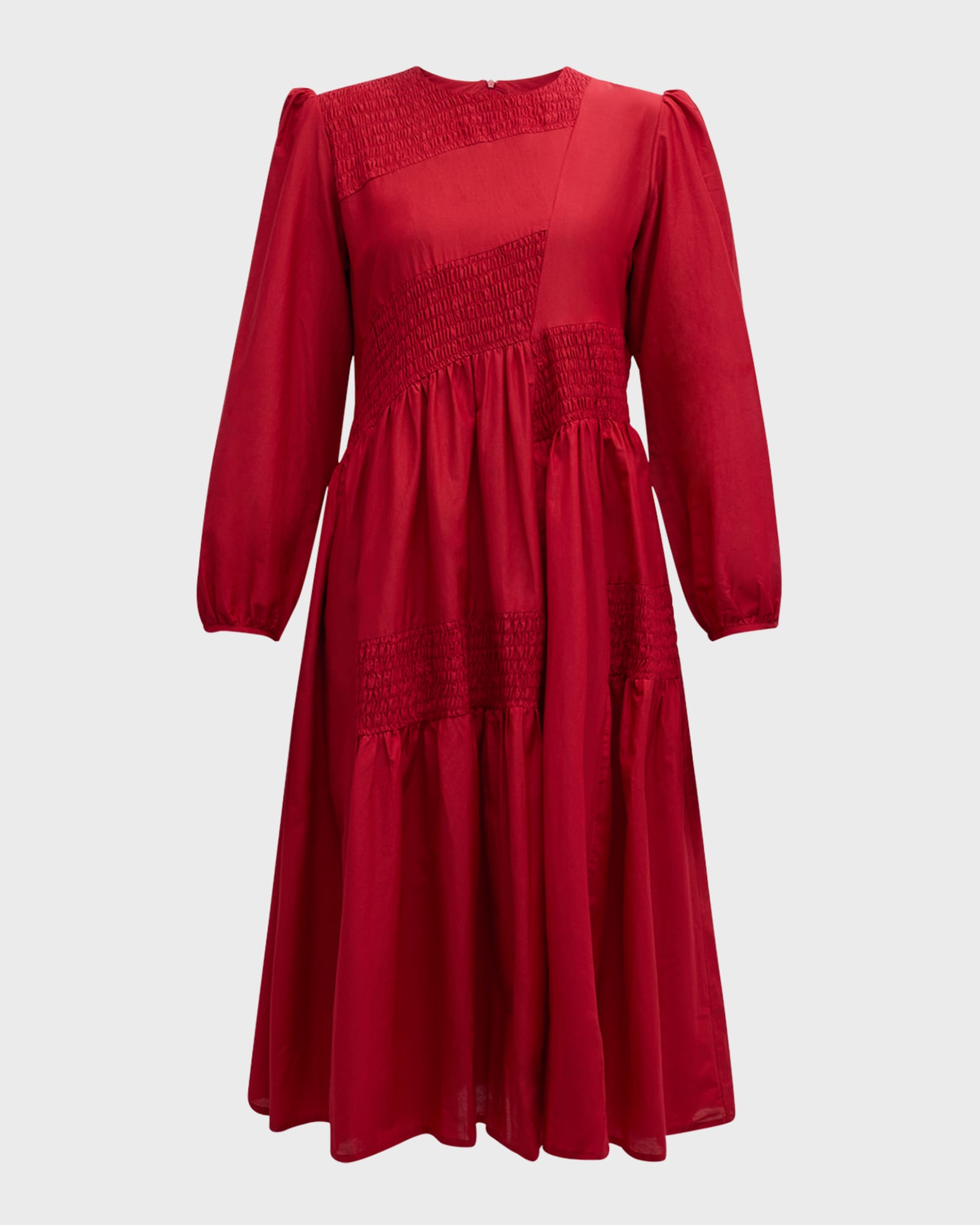 Smocked Blouson-Sleeve Midi Dress 0