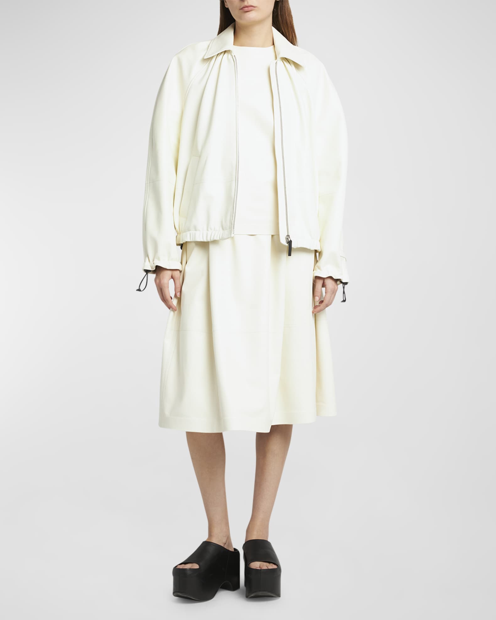 Gathered Collar Leather Zip Jacket