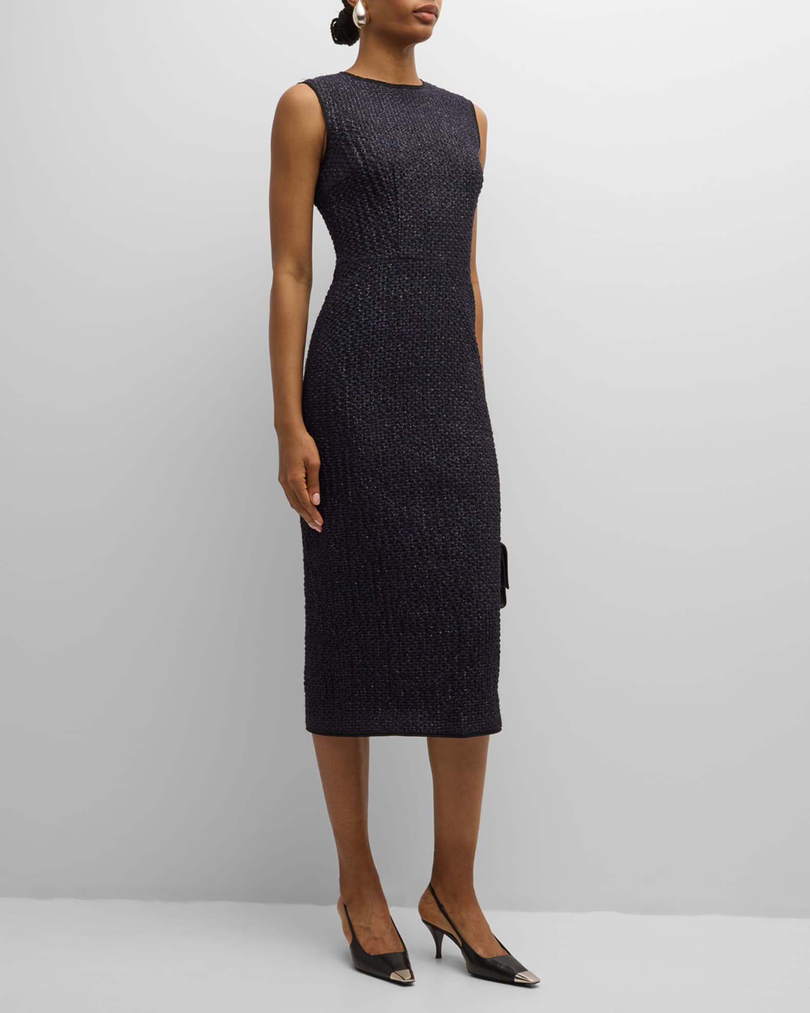 Sleeveless Metallic Tweed Midi Sheath Dress